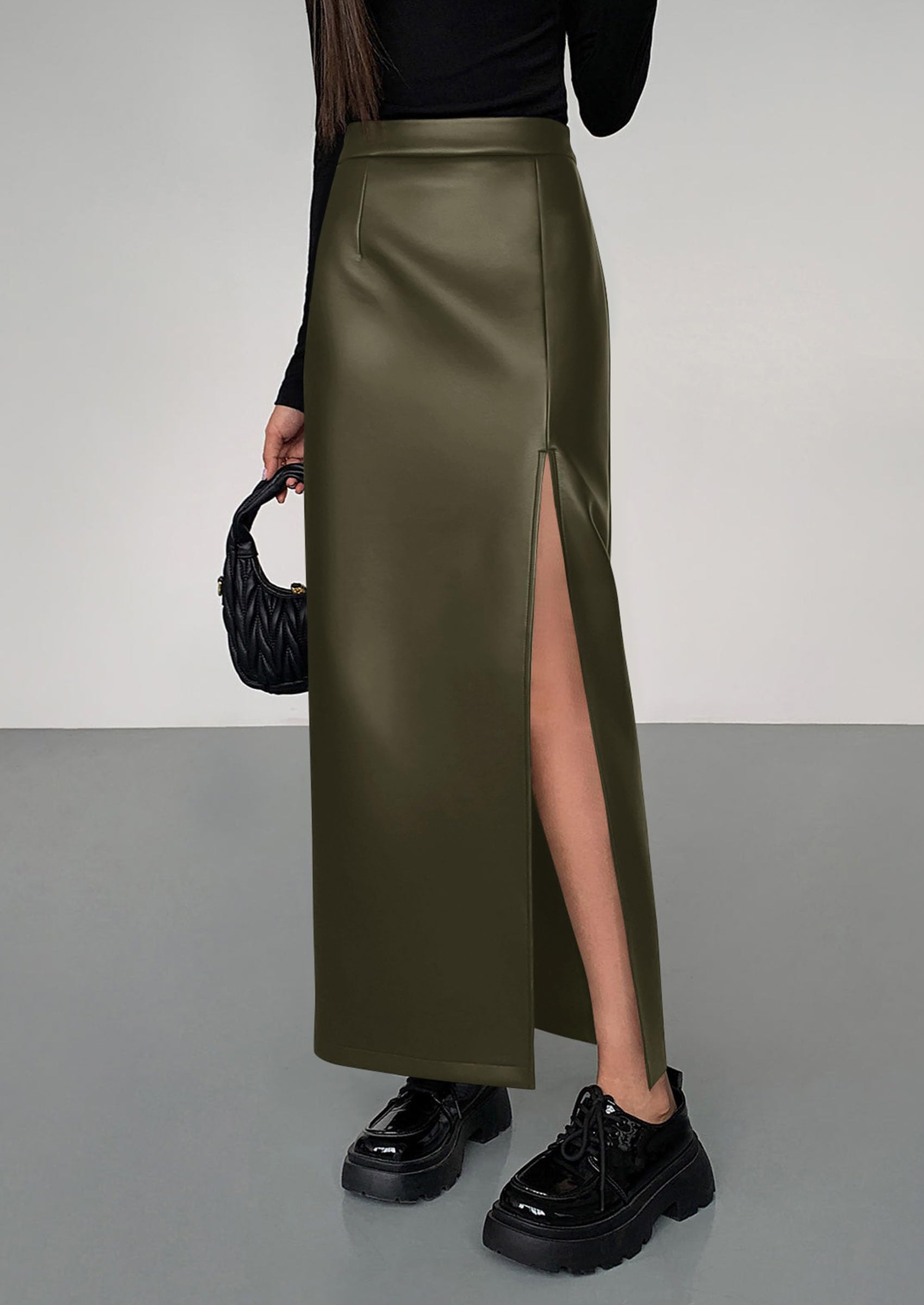Women's Faux Leather Long Pencil Skirt,Dark Army Green,XS