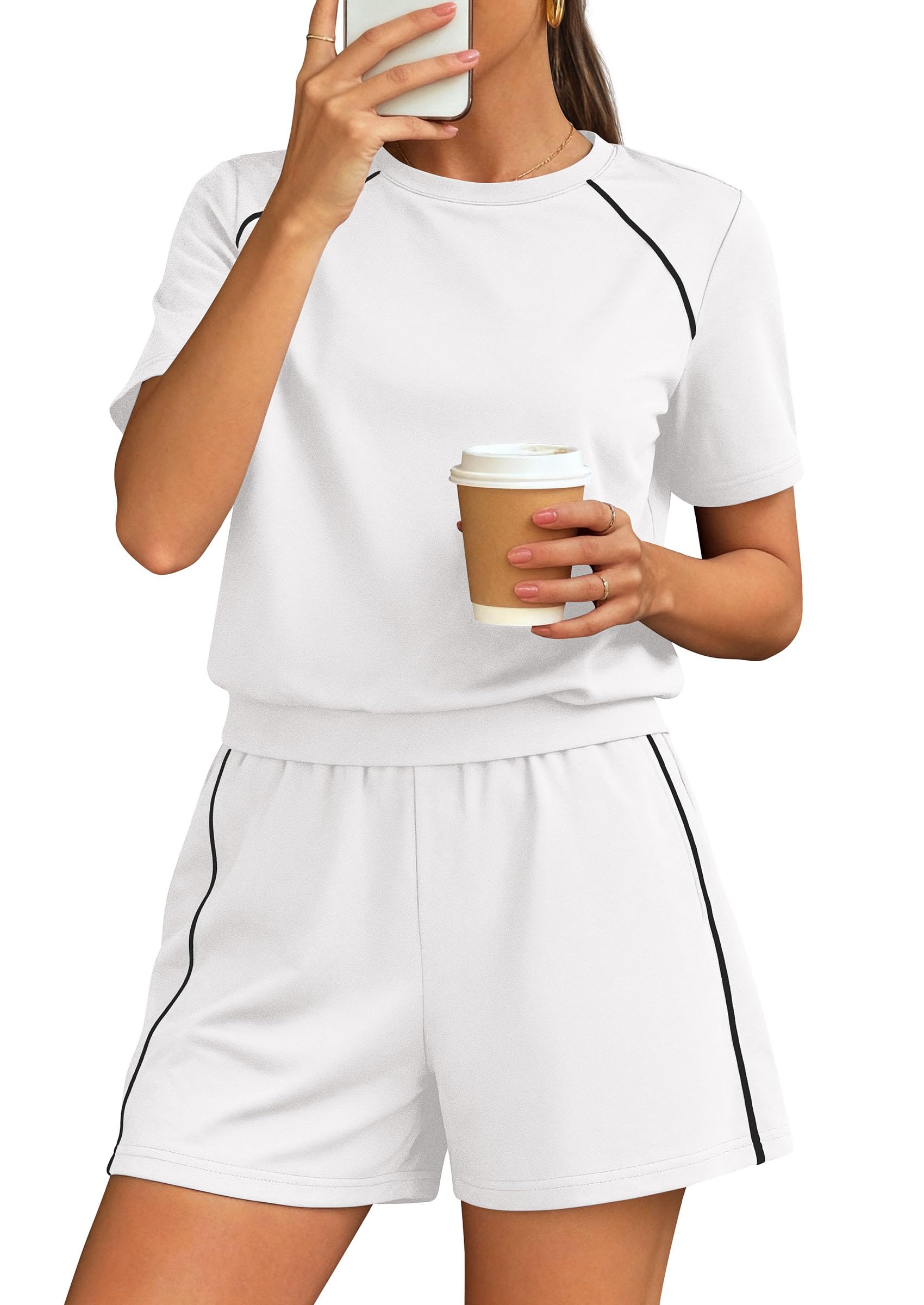 Womens 2 Piece Short Sets Casual Summer Outfits, White,S