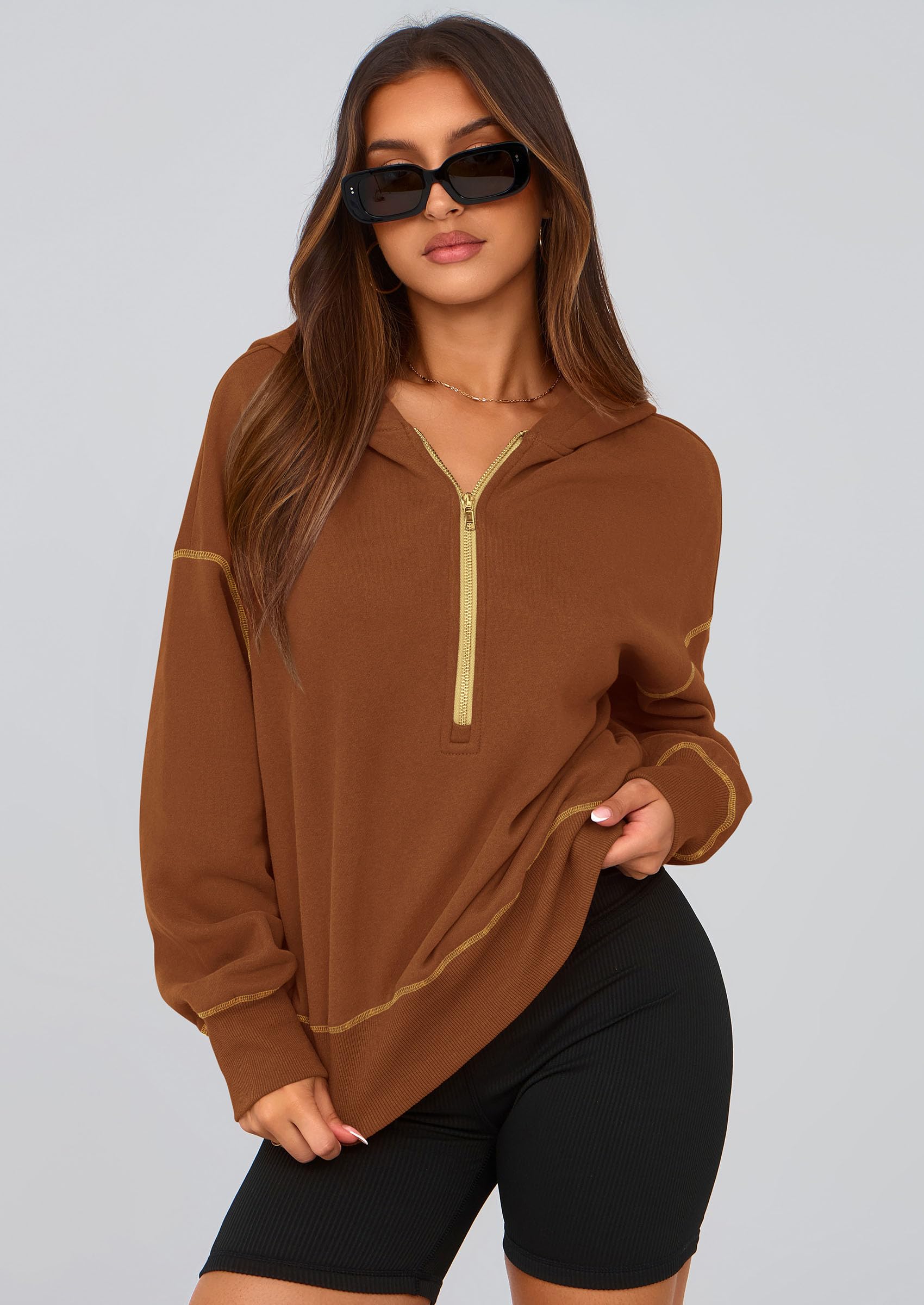 Women's Fall Half Zip Cropped Hoodie Sweatshirt Caramel