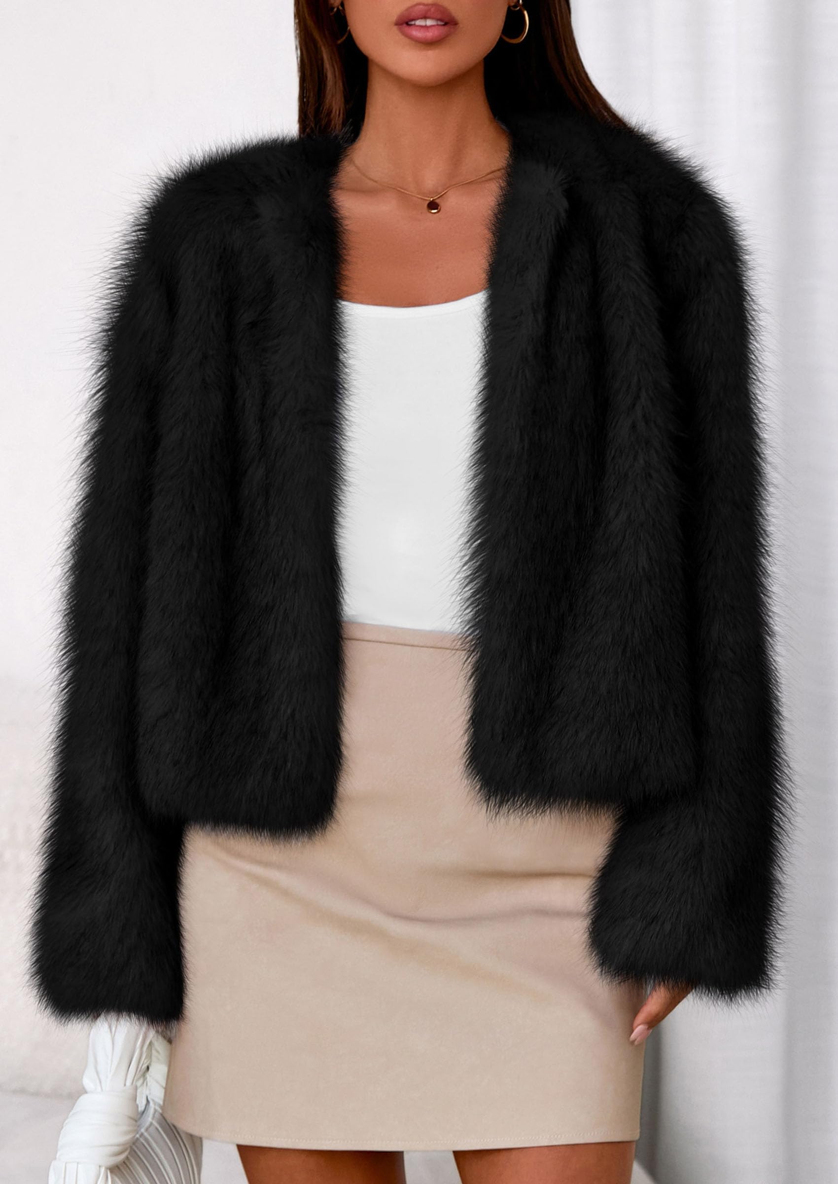 Womens Winter Coats Open Front Faux Fur Jacket,Black,XXL