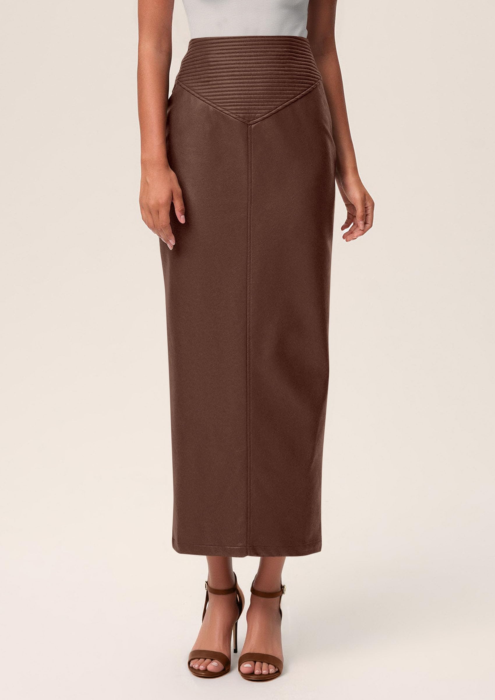 Women's Faux Leather High Waisted Maxi Skirts,Brown,XS