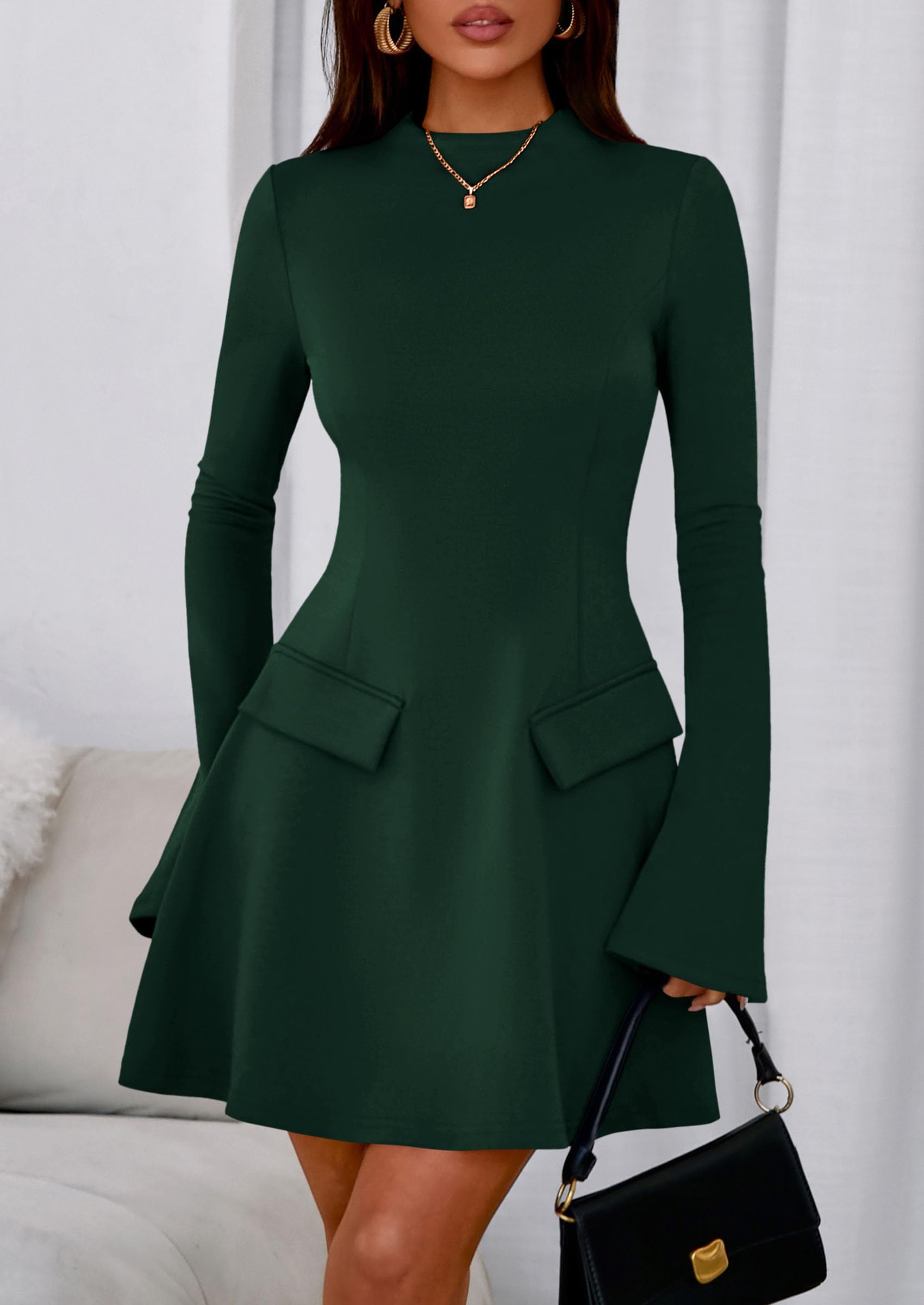 Women's Fall Bell Sleeve Short Dress,Dark Green,XS