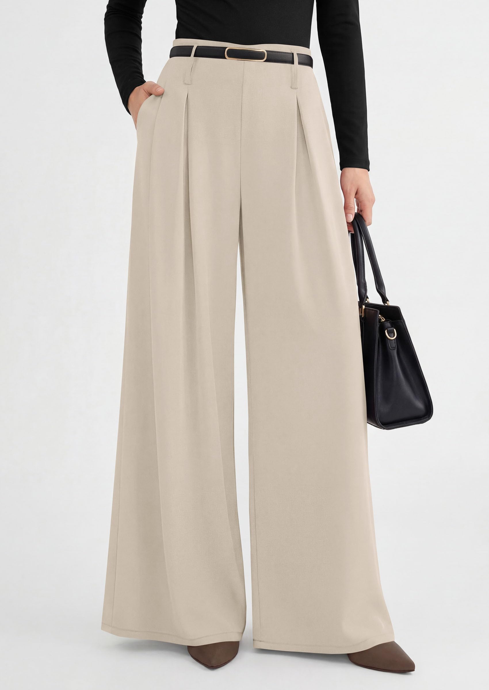 Womens Wide Leg Dress Pants Flowy Trousers,Apricot,XL