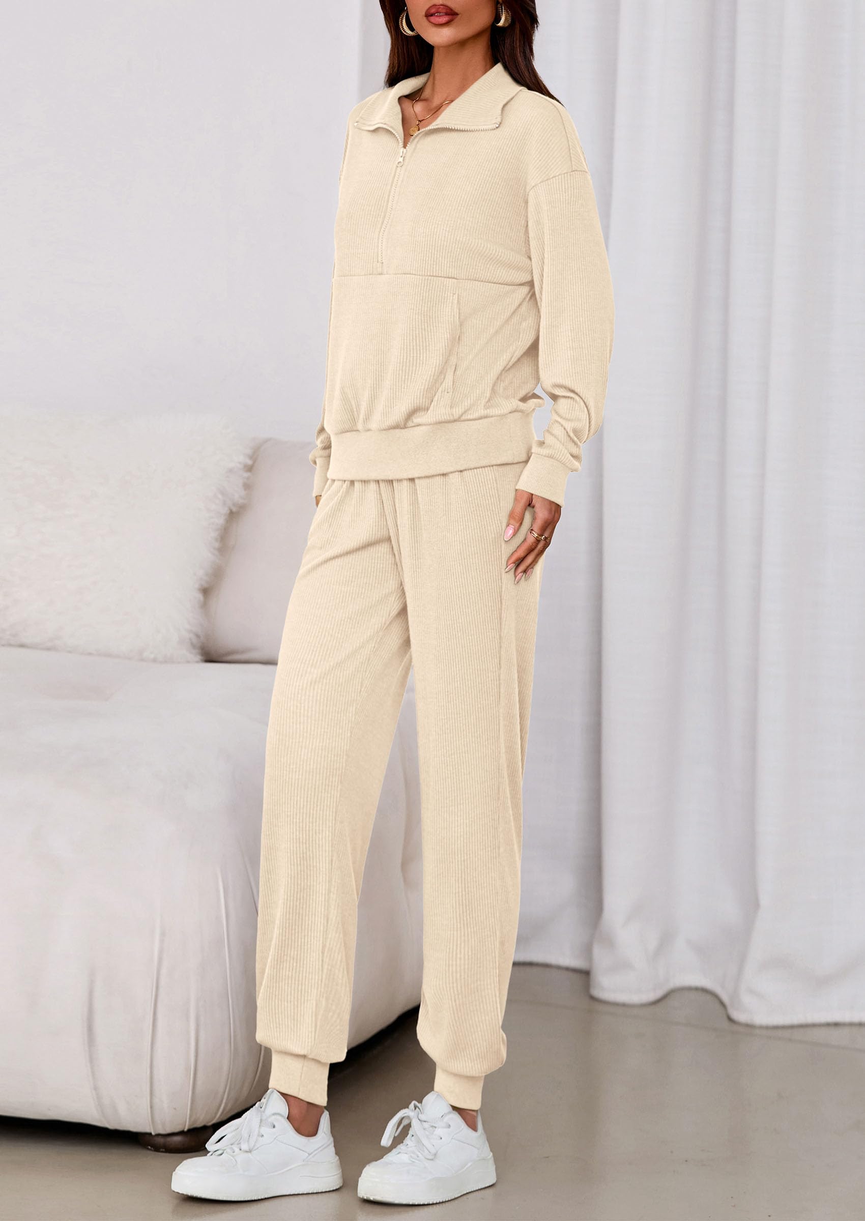 Airport Travel Outfit Women Ribbed Knit Matching Lounge Sets