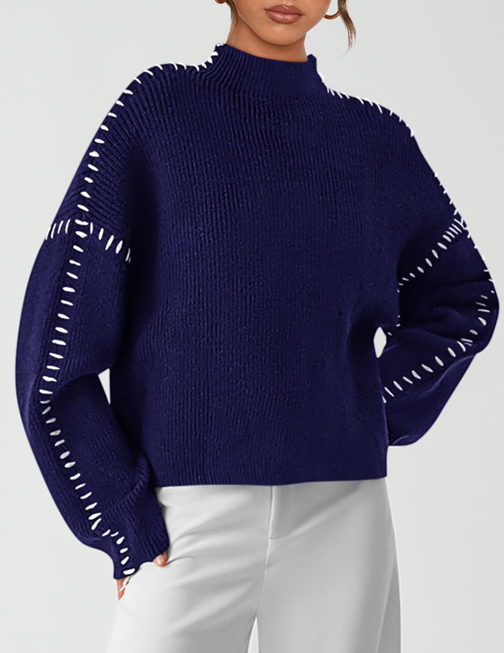 Womens Chunky Knit Oversized Pullover Sweaters,Navy Blue,S