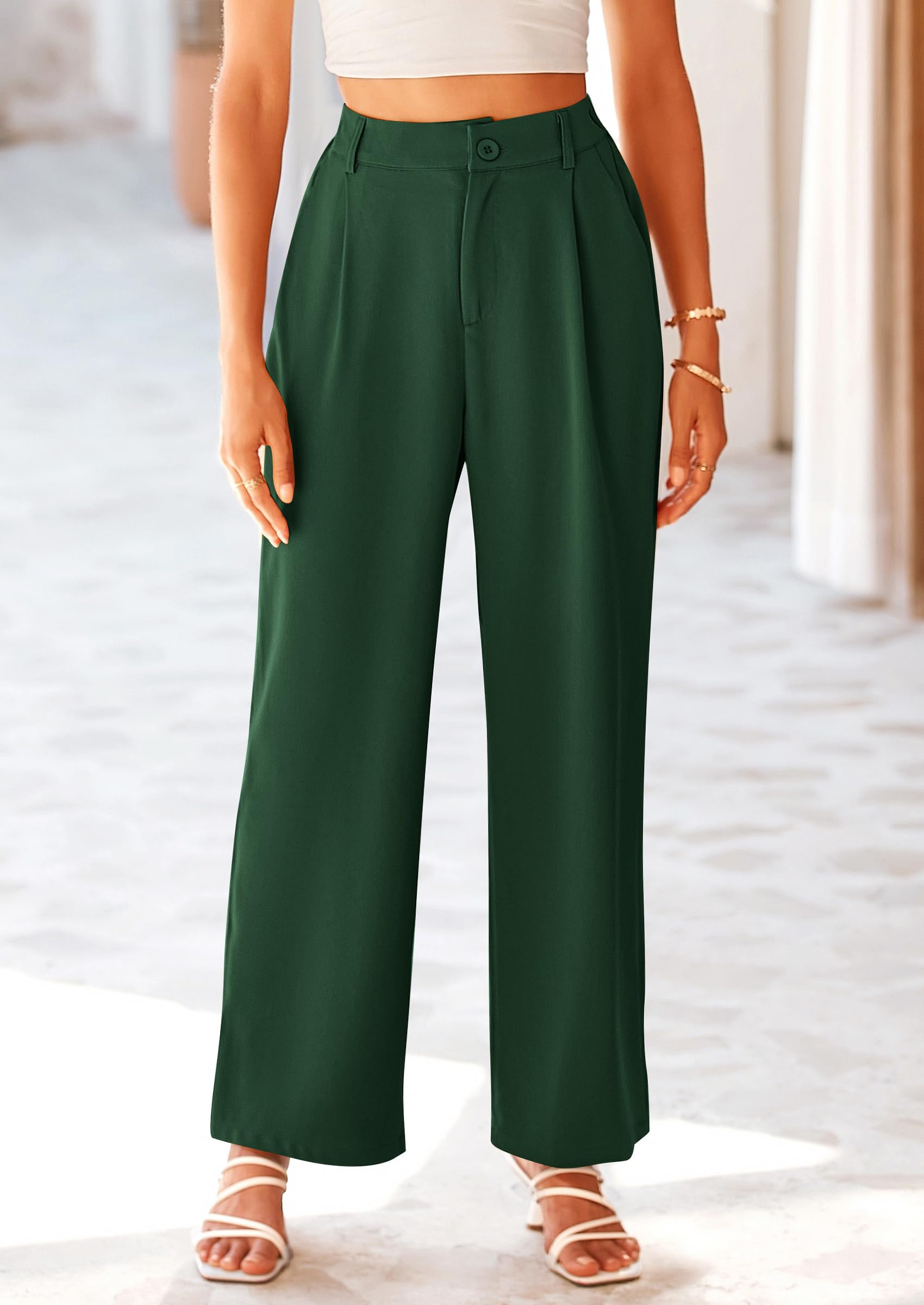 Women's Flowy Wide Leg Dress Pants,Dark Green,L