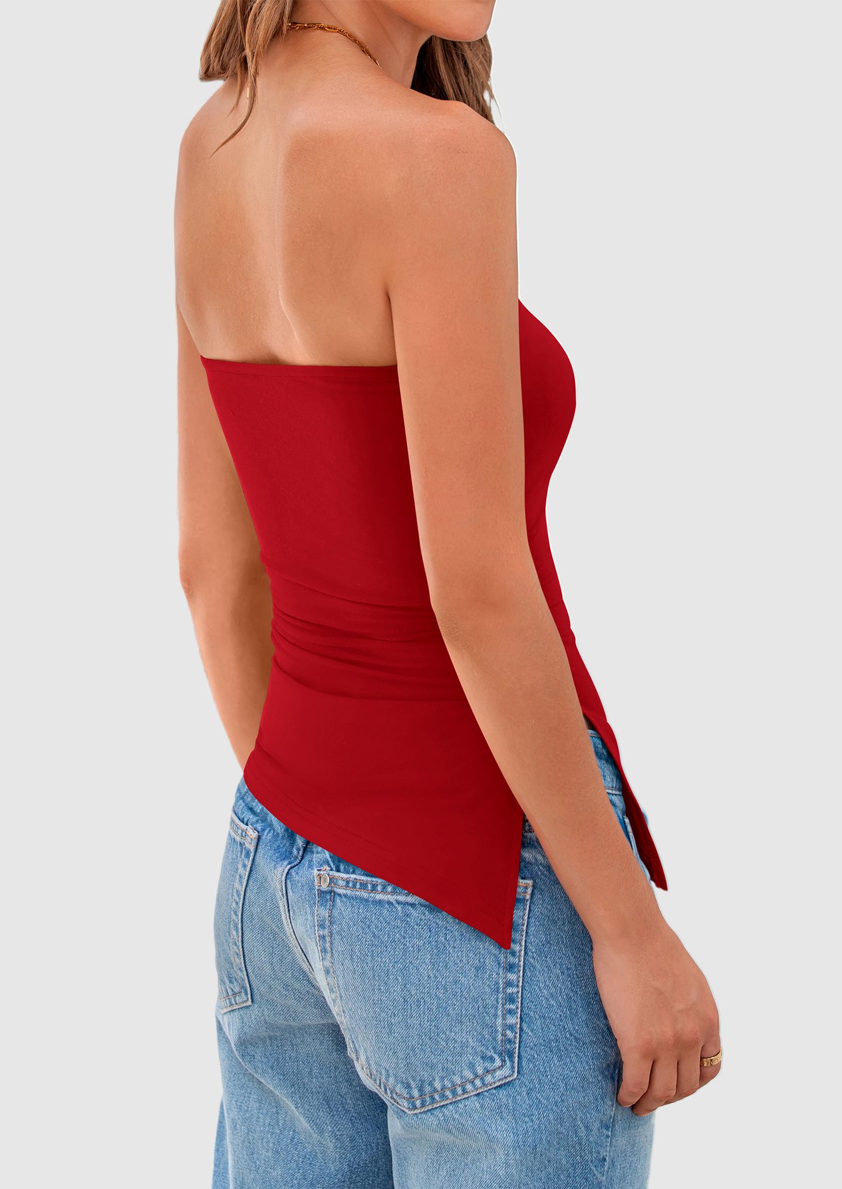 Women's Ruched Asymmetrical Strapless Tube Top, Red,M