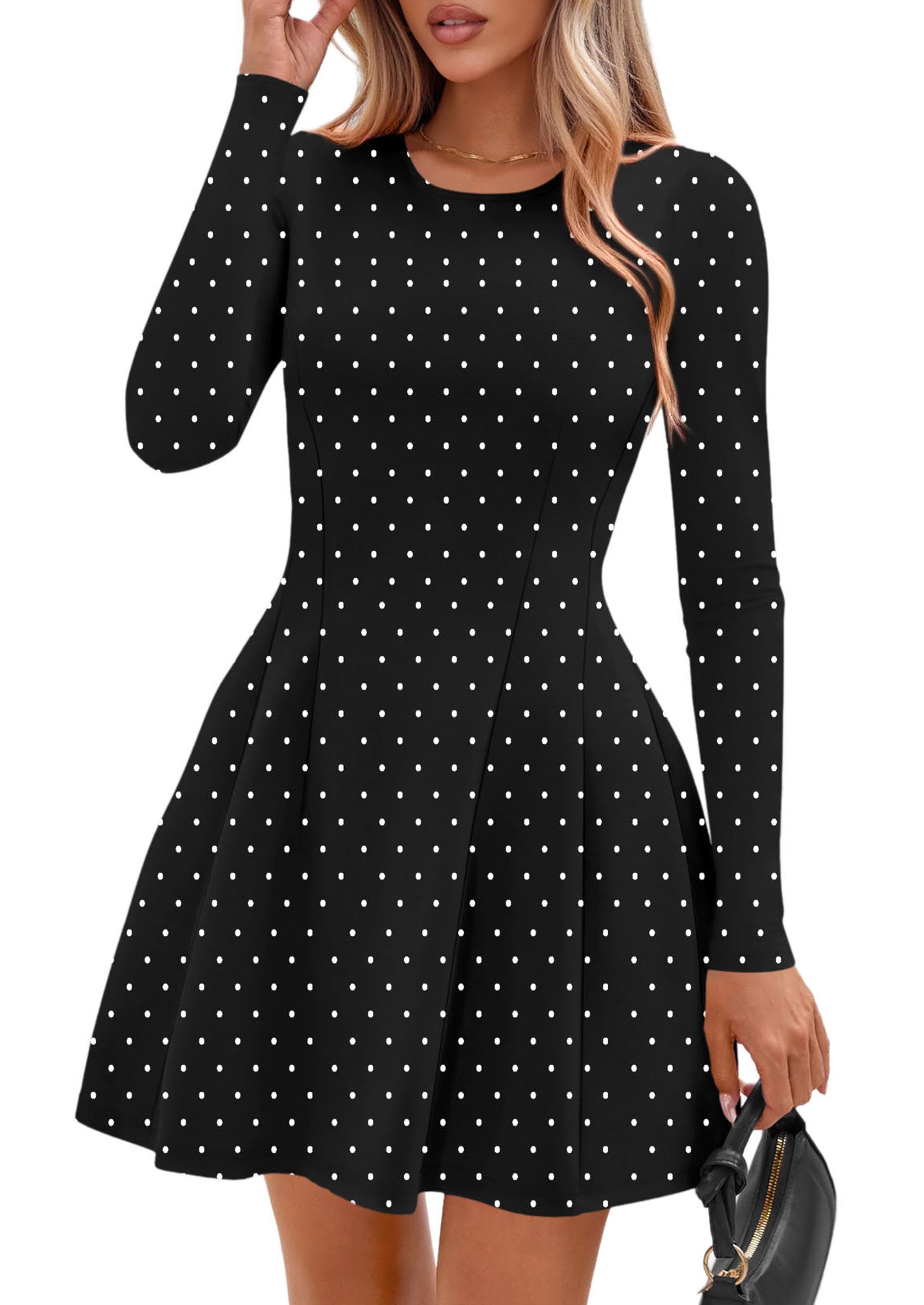 Womens Long Sleeve Pleated Mini Dress,Dot Black White,XS