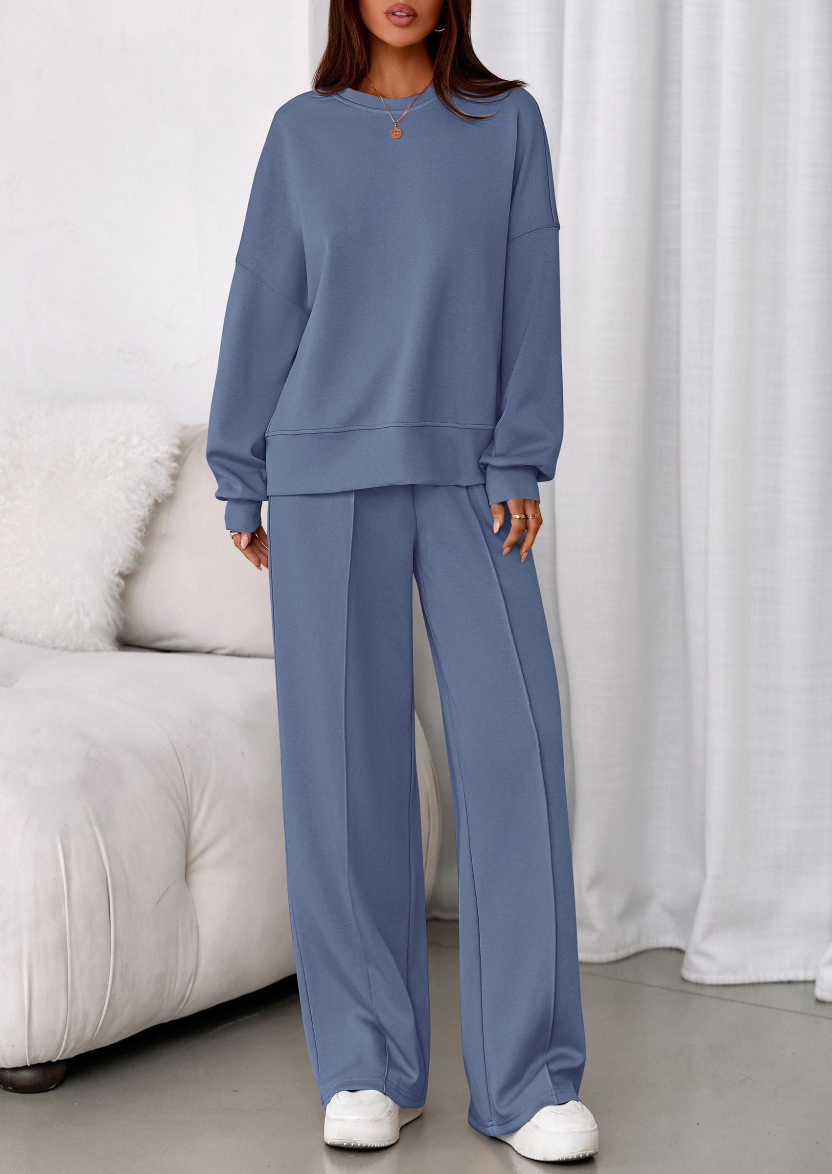 Womens Long Sleeve Sweatshirt 2 Piece Sets,Grey Blue,L