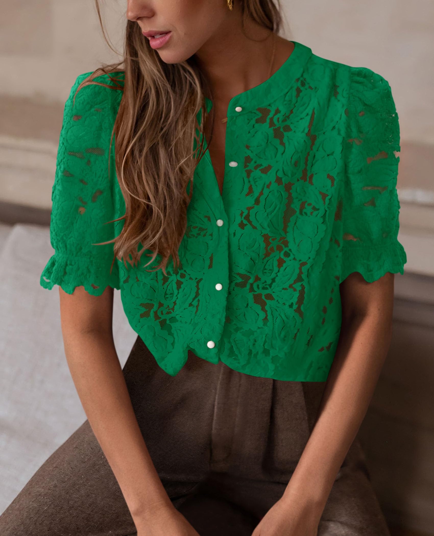 Womens Lace Tops Button Down Short Sleeve Shirts,Dark Green,S