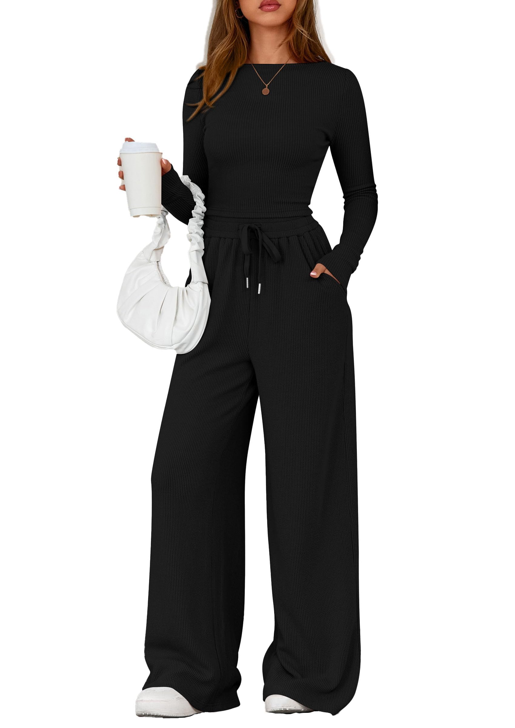 Matching Sets Women Clothing 2 Piece Lounge Set,Black,S