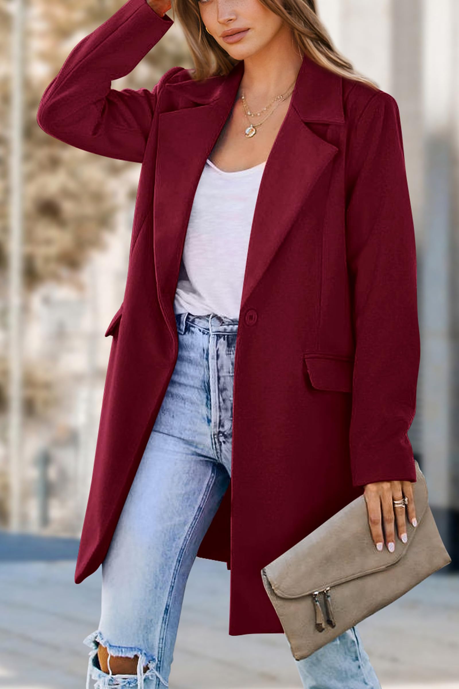 Women's Business Casual Long Blazer Jackets(Wine Red,S)