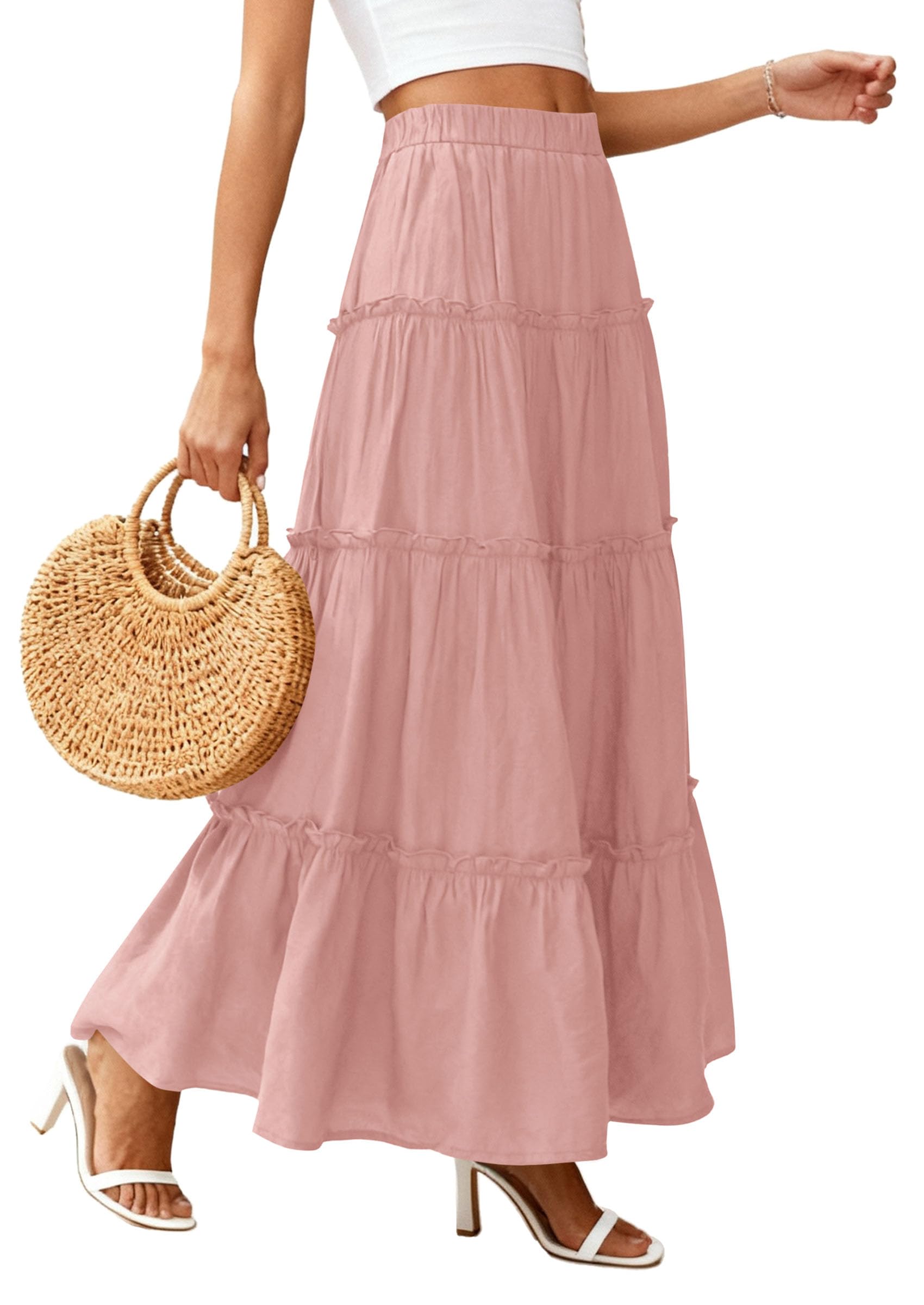 Women's Boho Tiered Ruffle Flowy Maxi Skirt, Pink,S