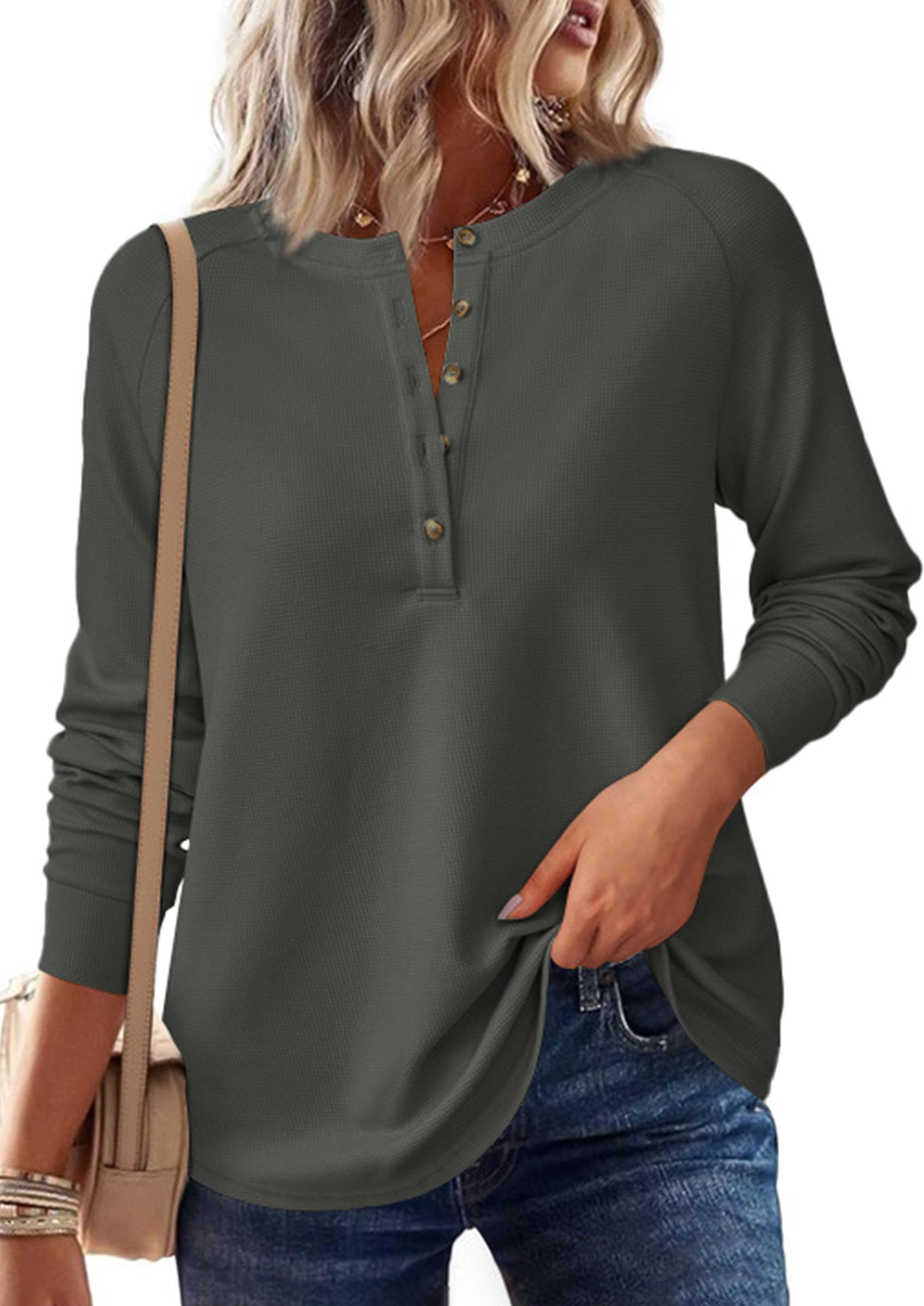 Women's Long Sleeve Waffle Knit Henley Shirts Loose Tunic Tops