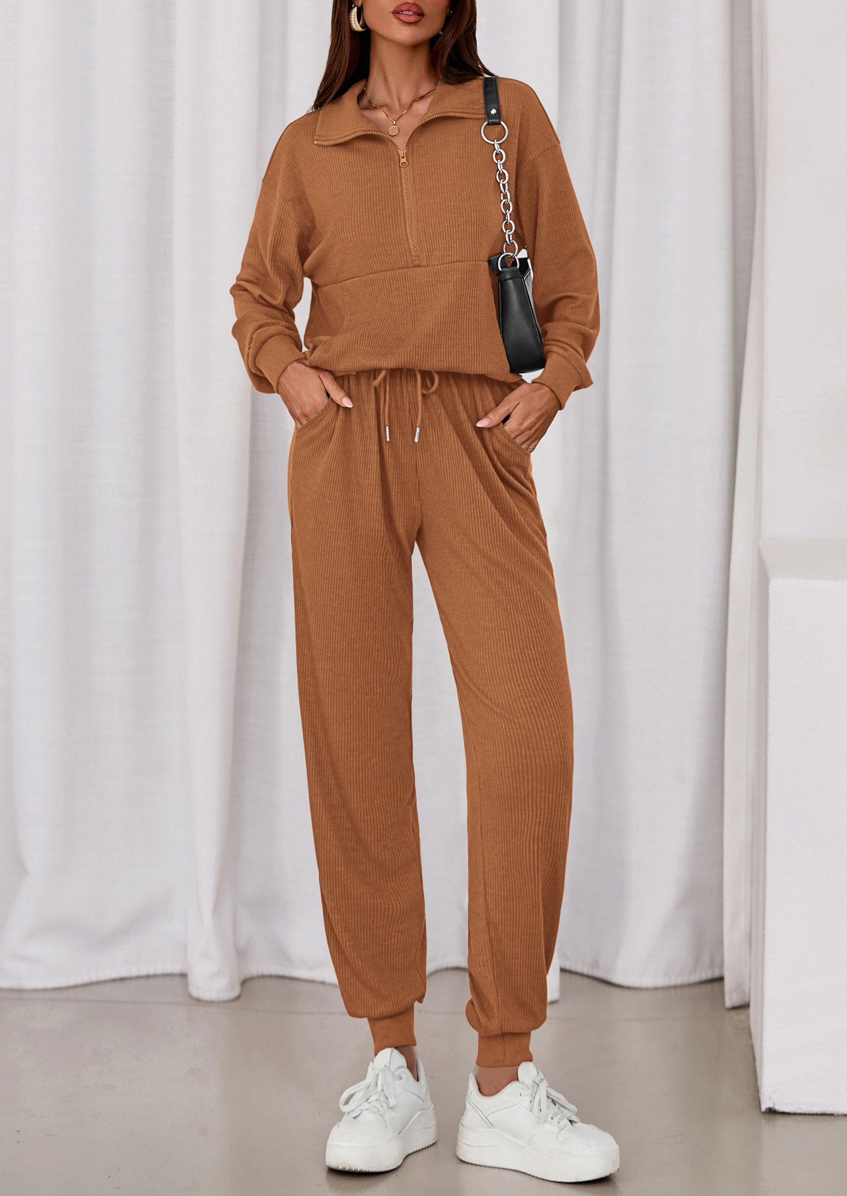 Airport Travel Outfit Women Ribbed Knit Matching Lounge Sets