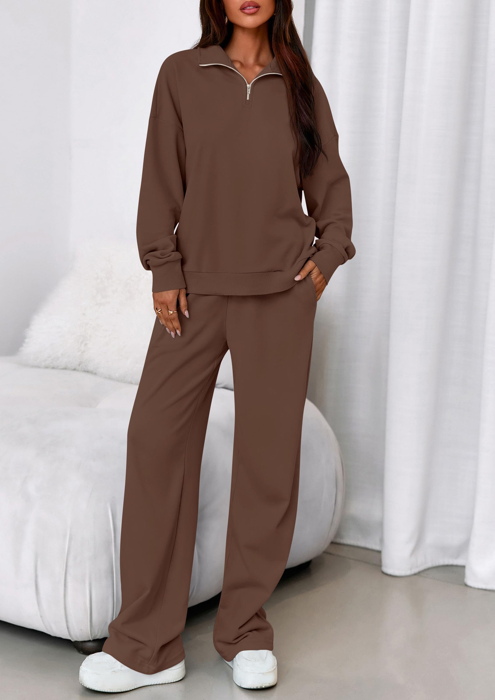 Womens 2 Piece Outfits Matching Lounge Sets,Brown,S