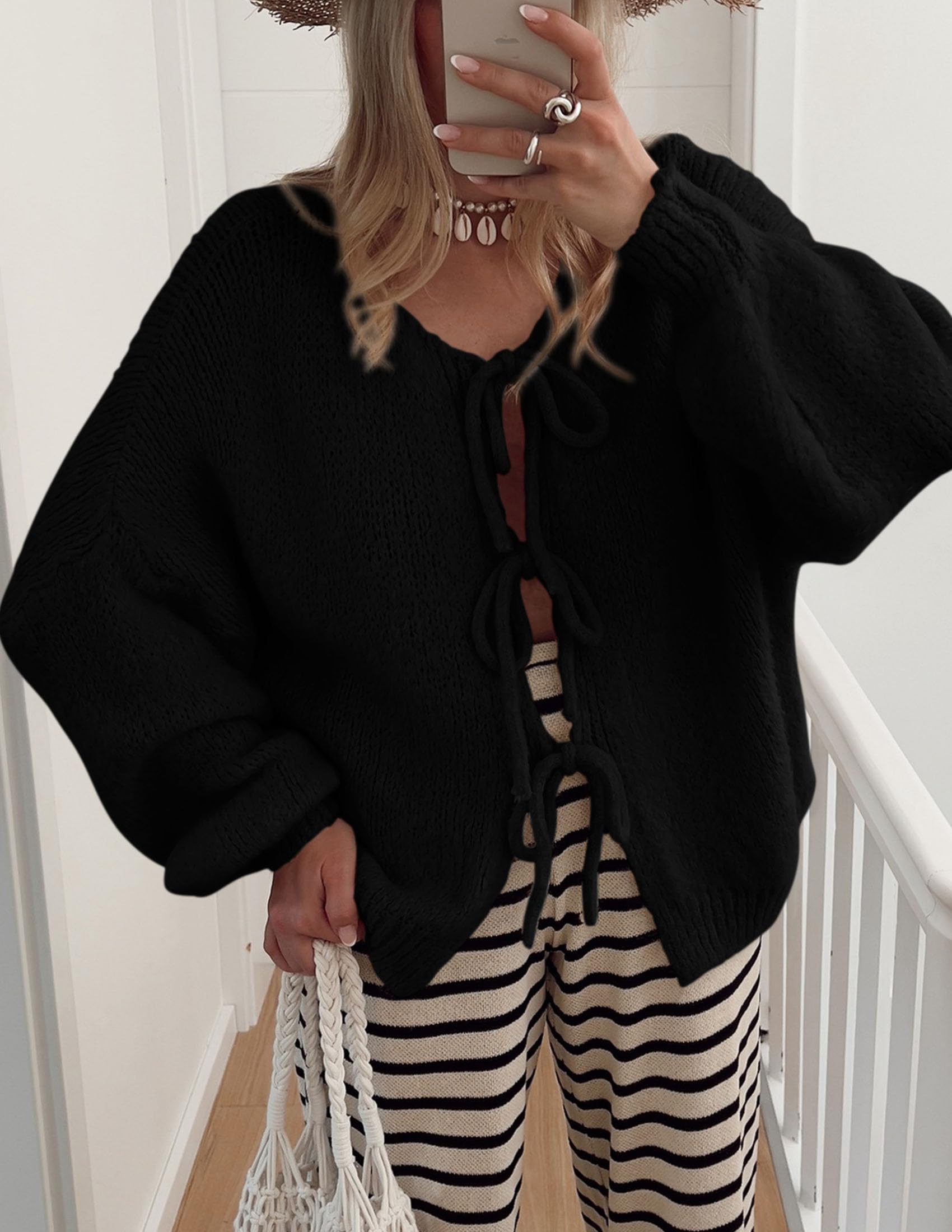 Women's Tie Front Bow Cardigan Sweaters(Black,Small)