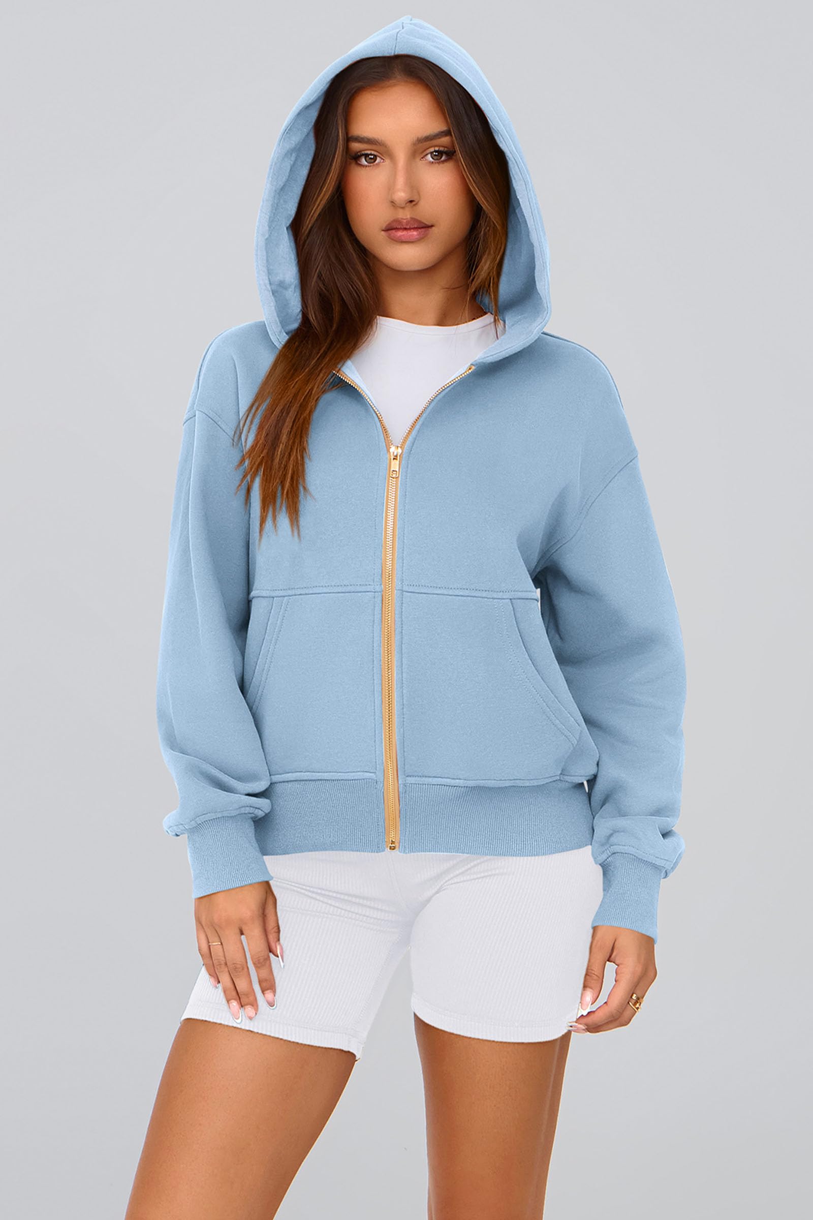 Hoodies for Women Fall Fashion Zip Up Fleece Plain Sweatshirt