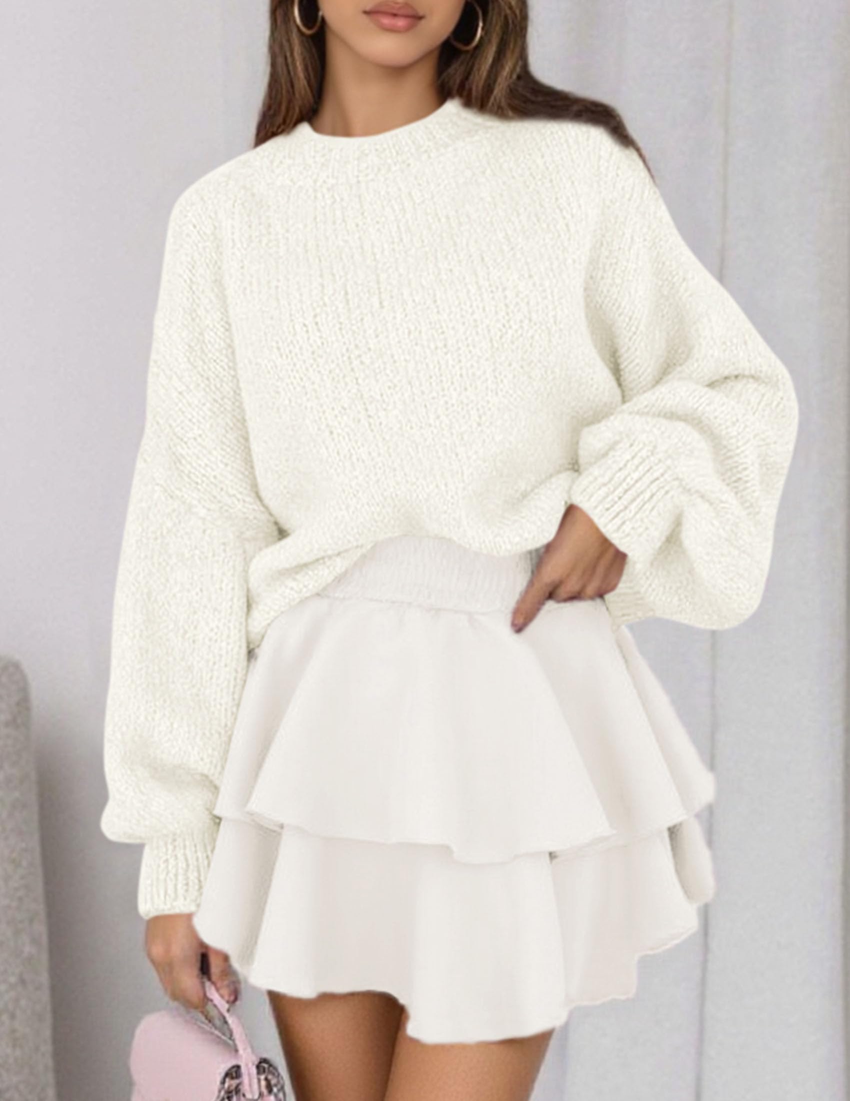 Women's Chunky Knit Oversized Pullover Sweaters,White,S