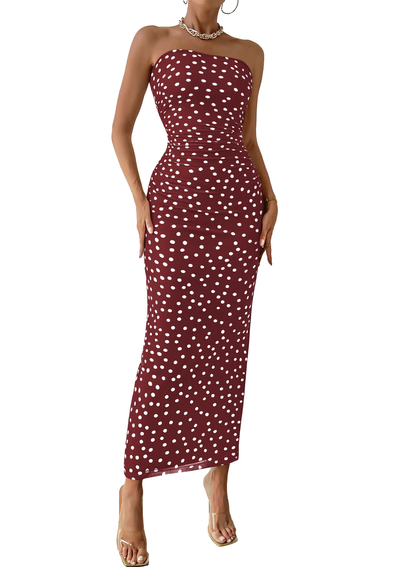Womens Strapless Bodycon Maxi Dress, 01 Dot Burgundy White,S