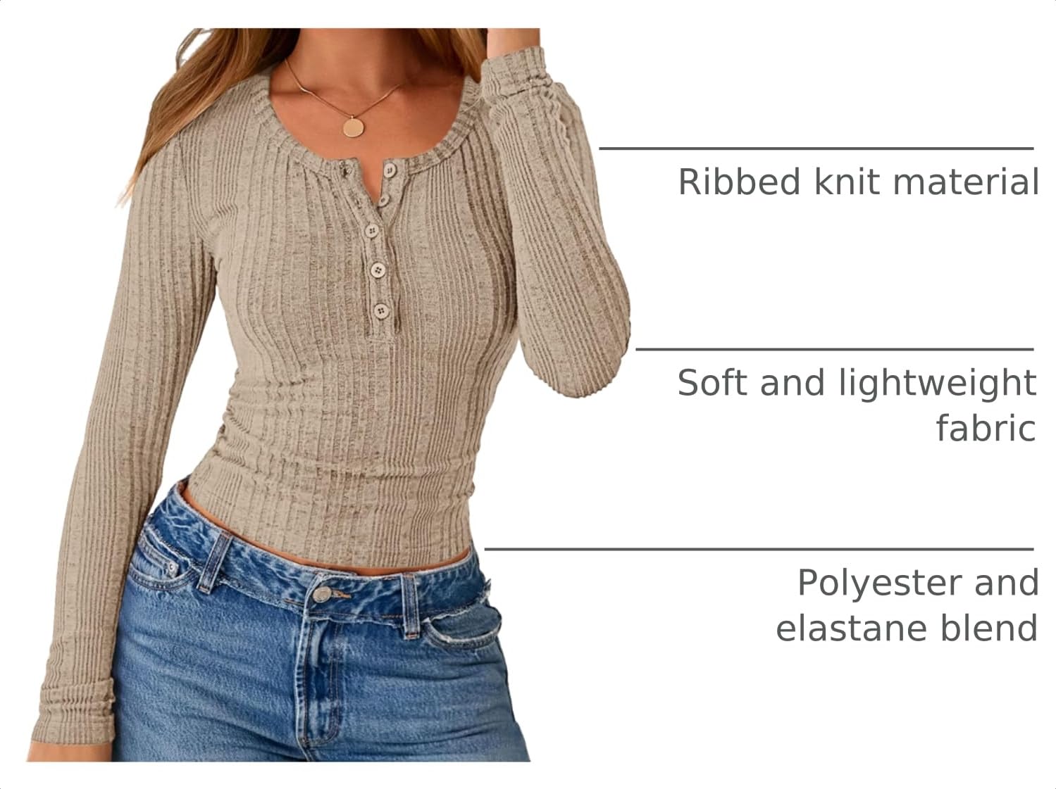 Women's Long Sleeve Tops Ribbed Henley Shirts,Light Khaki,XS