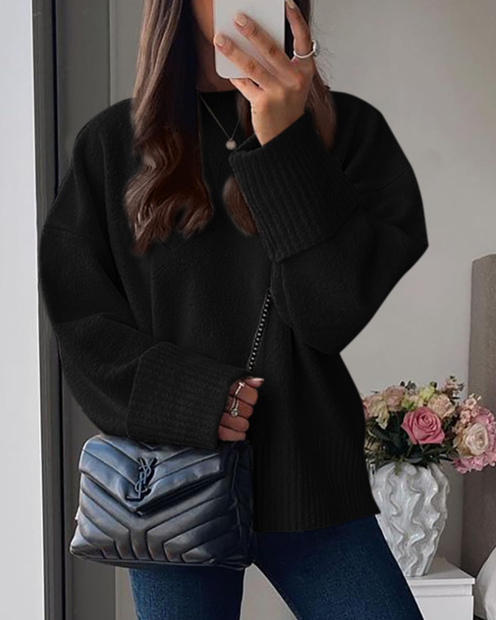Women's Fall Fashion Cozy Oversized Sweaters(Black,XS)