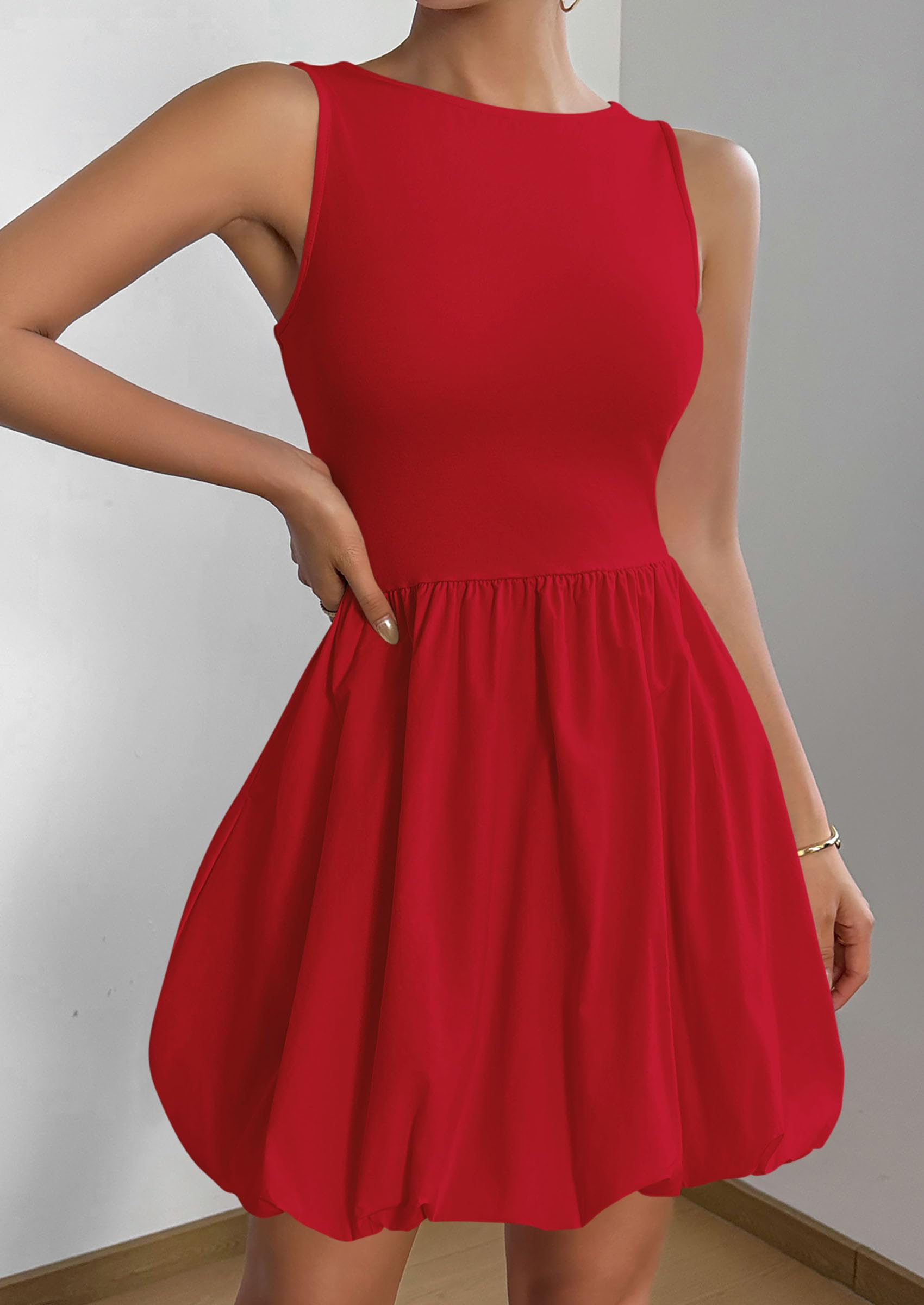 Womens Summer Bubble Sleeveless Mini Dress,Red,S