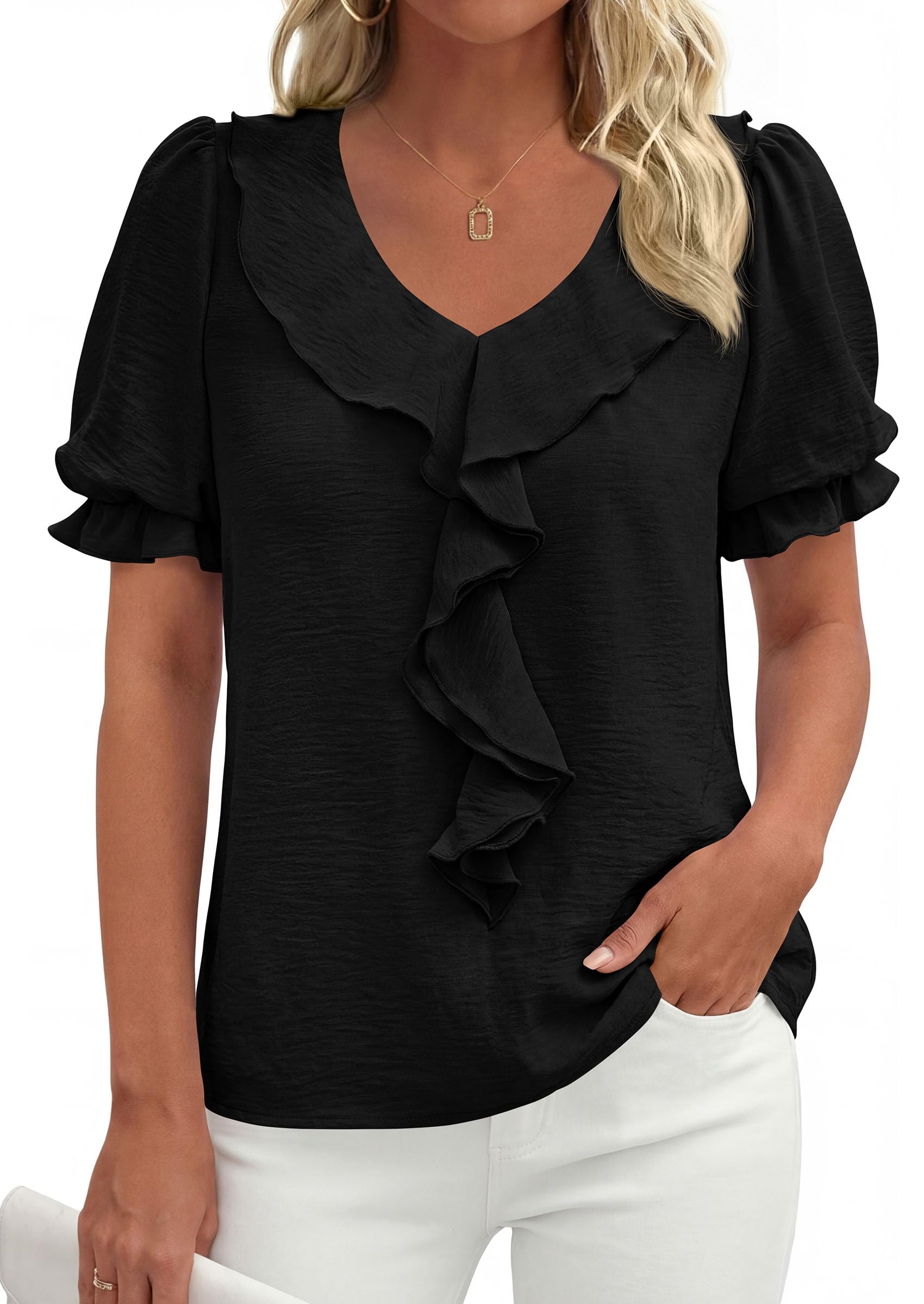 Women's Summer Ruffle Dressy Casual Blouses (Black,S)