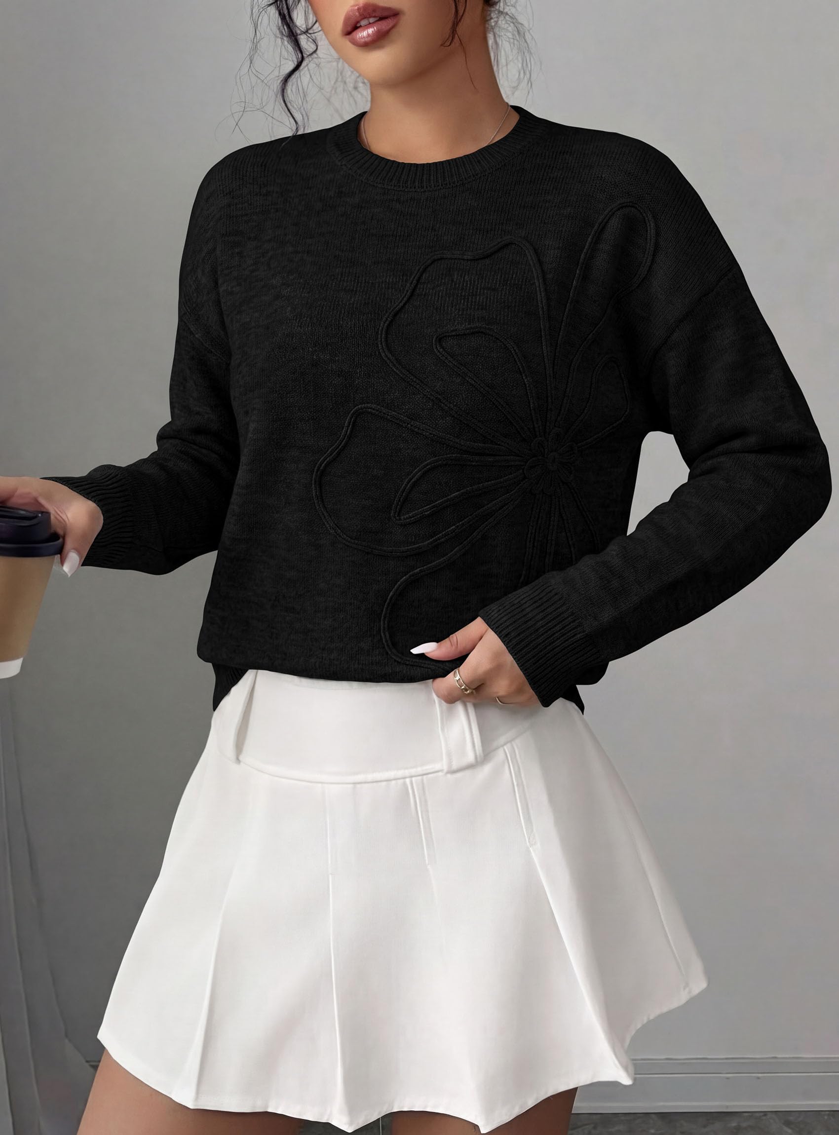Sweaters for Women Fall Fashion Embroidered Floral Knit Tops