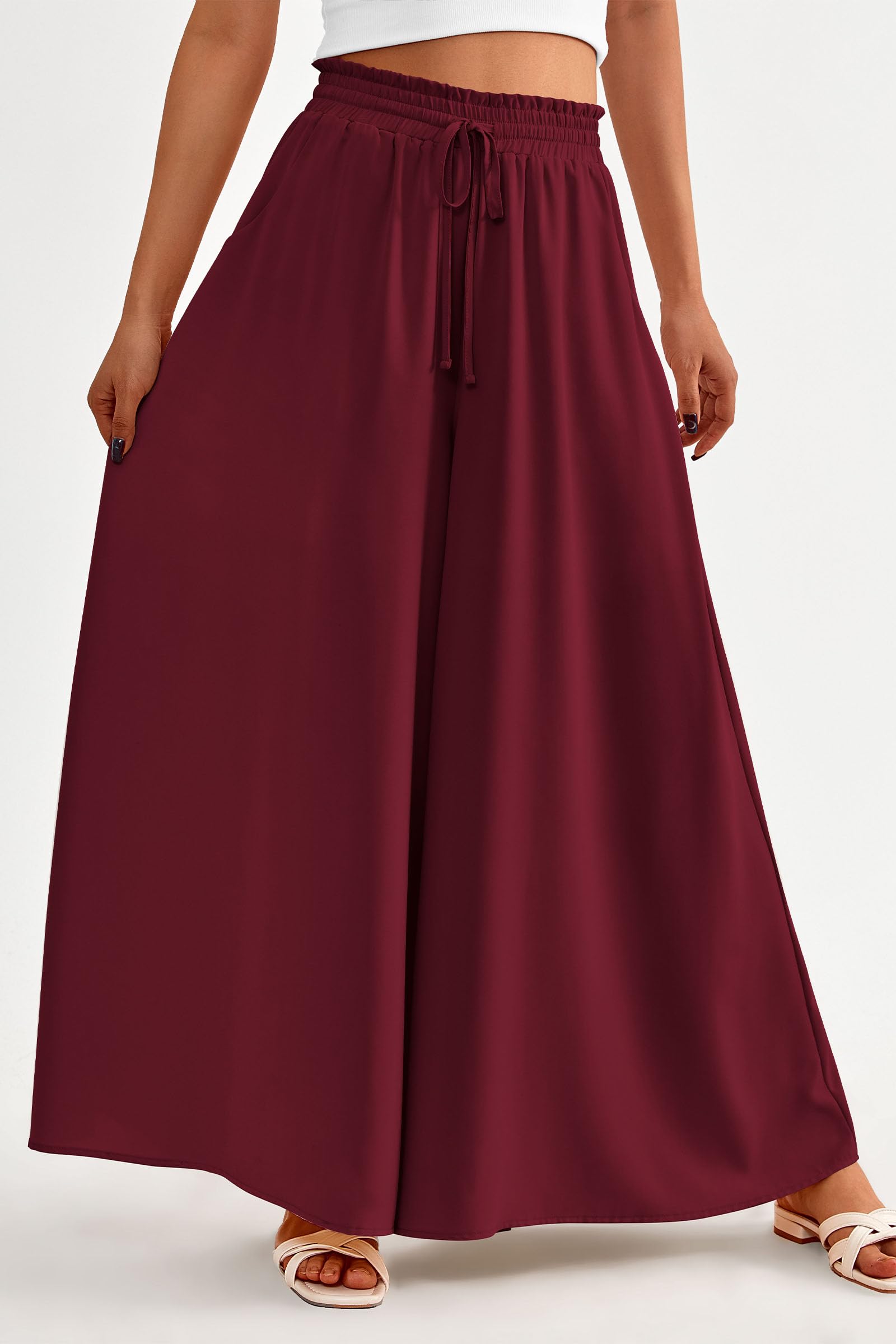 Summer Wide Leg Palazzo Pants for Women Casual,Wine Red,S