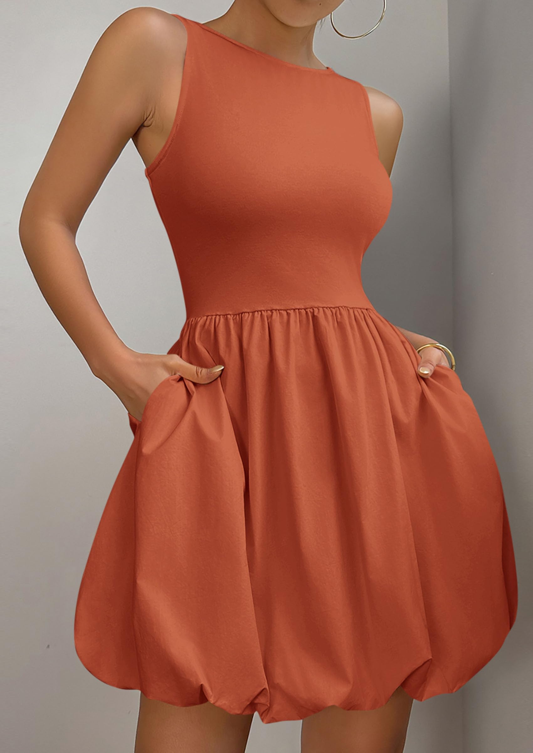 Womens Summer Bubble Sleeveless Mini Dress,Orange,S