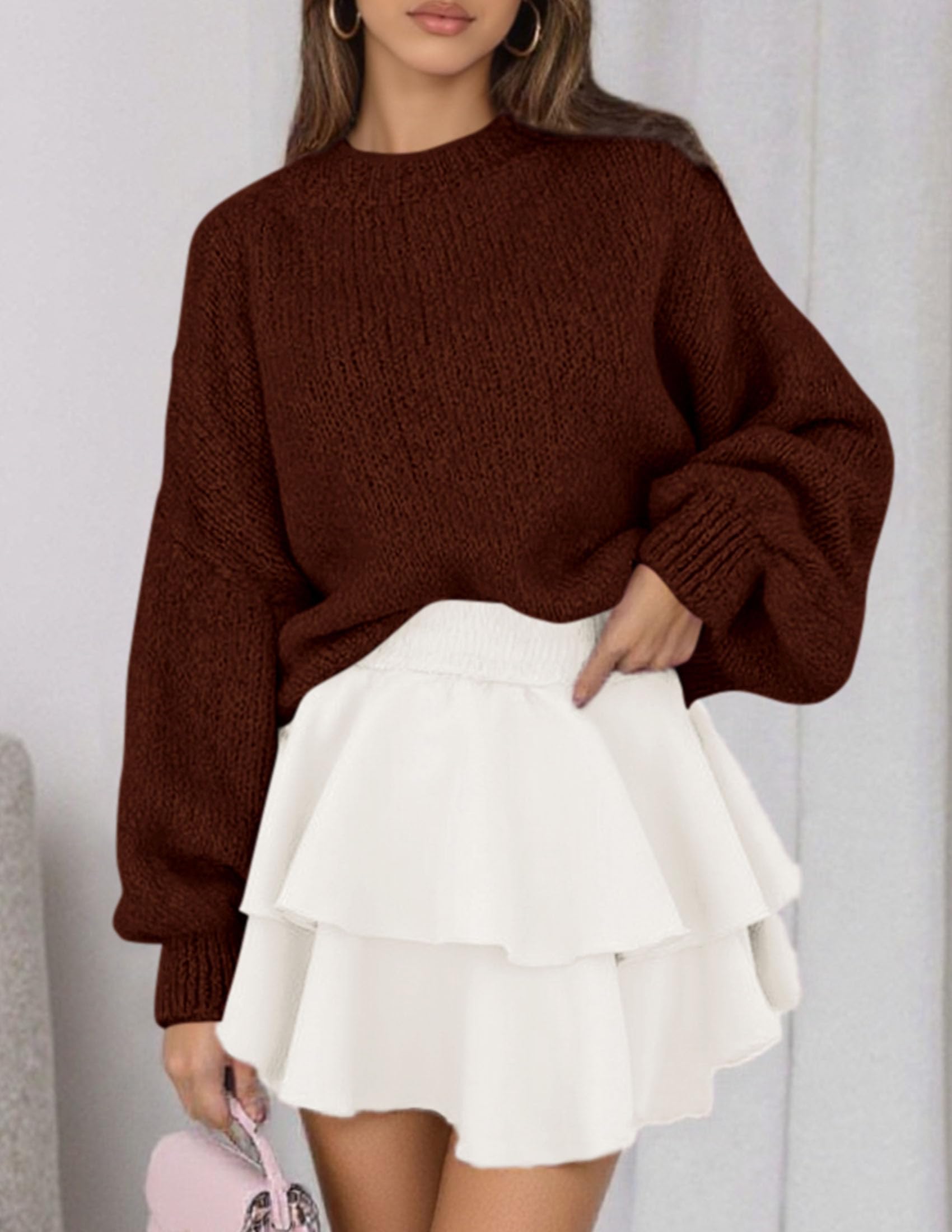 Women's Chunky Knit Oversized Pullover Sweaters,Brown,S