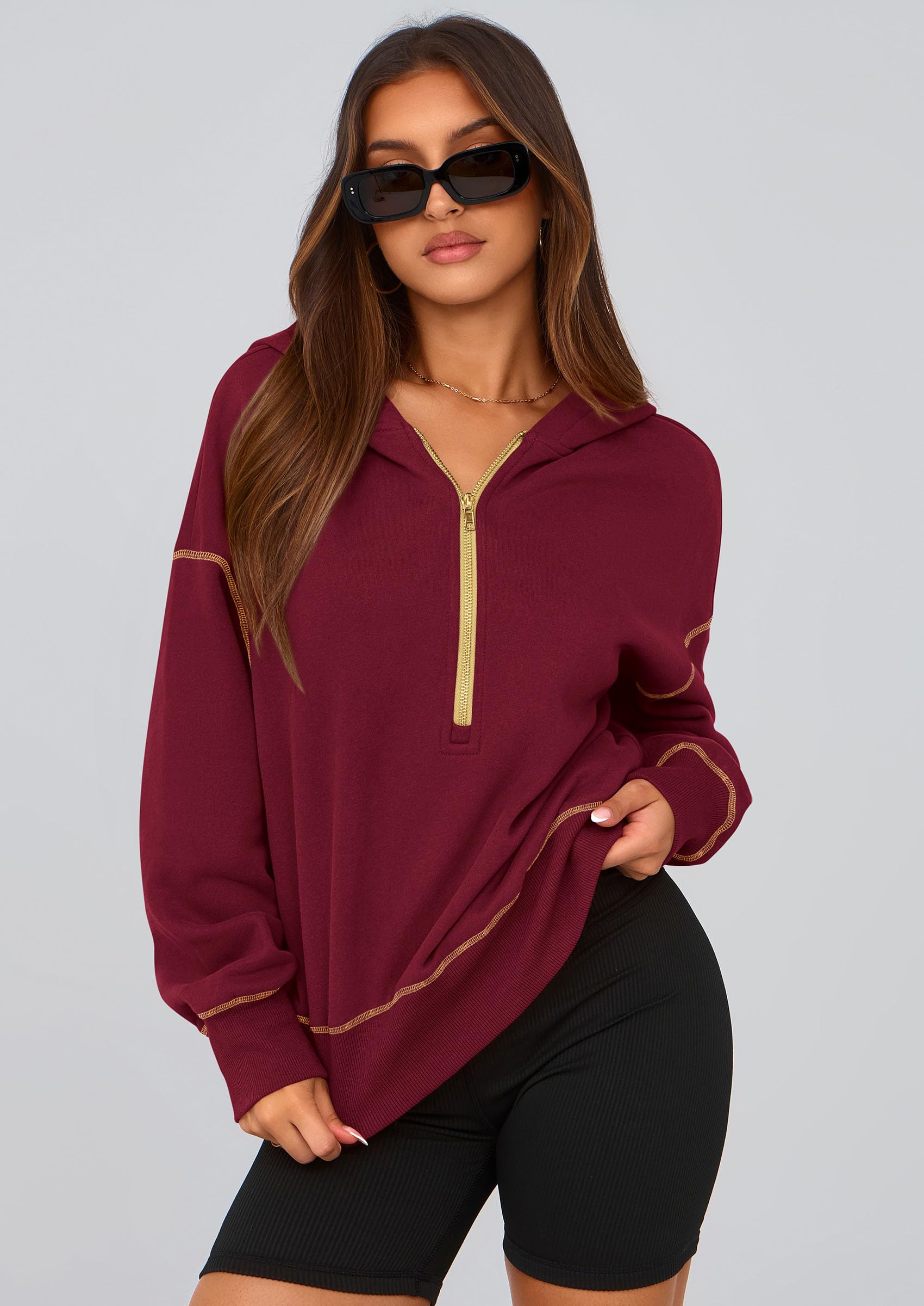 Women's Fall Half Zip Cropped Hoodie Sweatshirt Wine Red