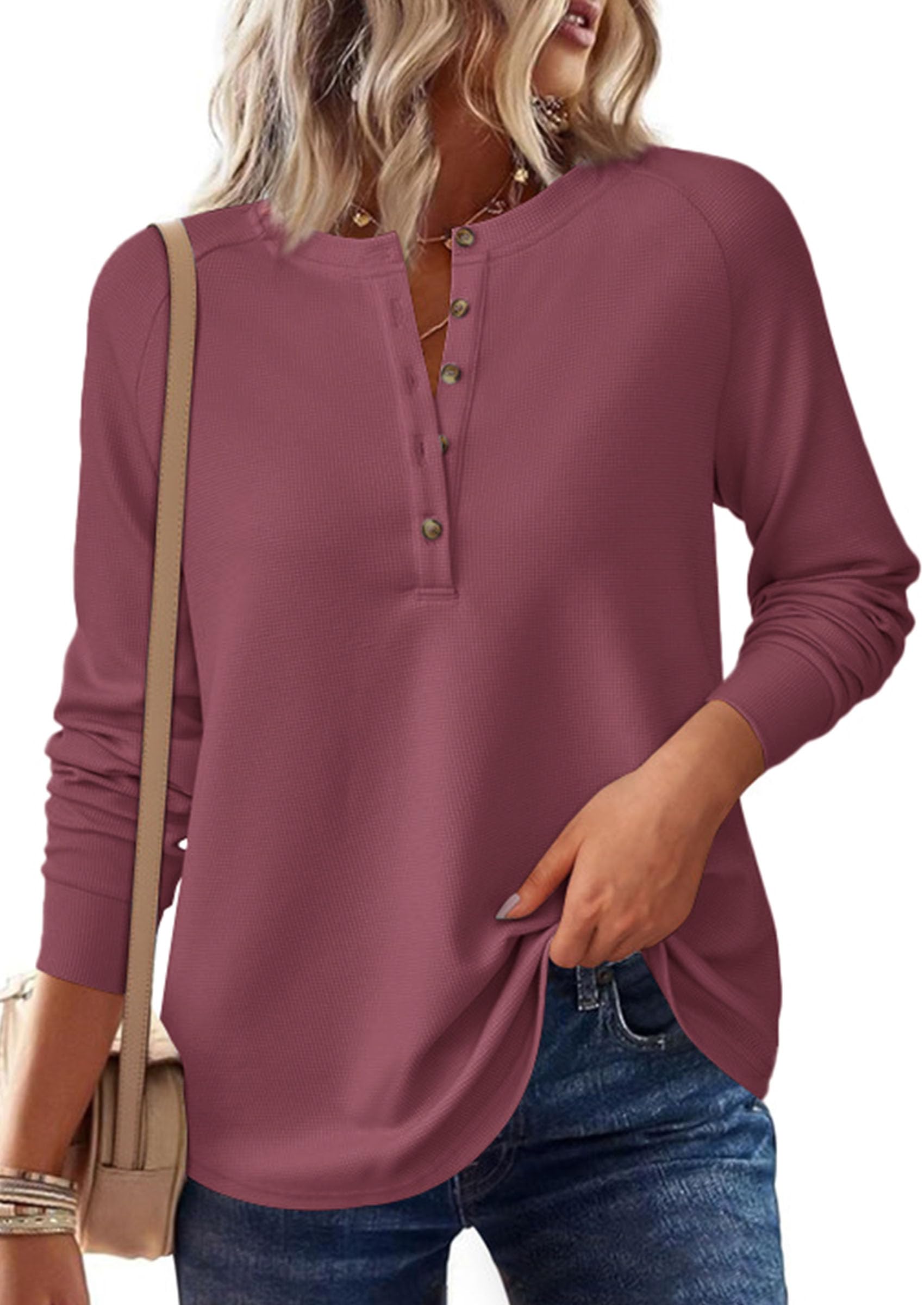 Women's Long Sleeve Waffle Knit Henley Shirts Loose Tunic Tops