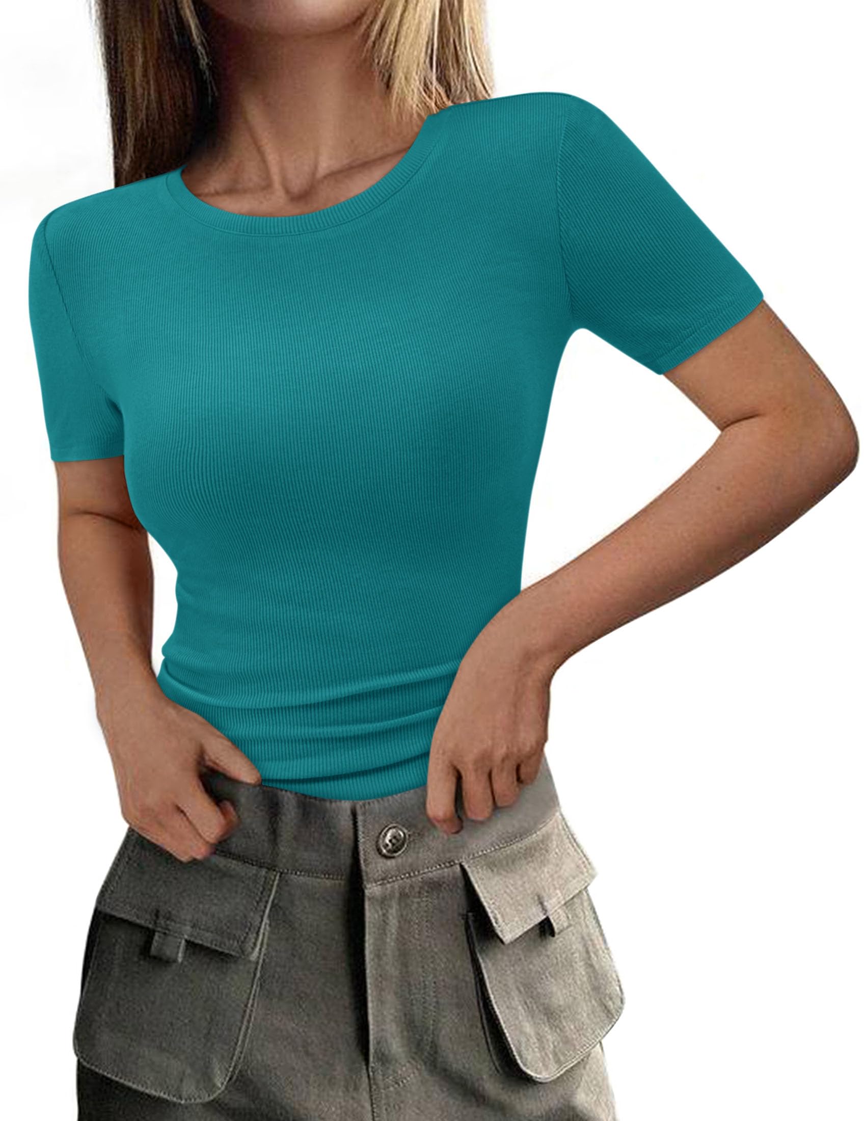 Womens Short Sleeve Slim Fit Basic Shirts,Malachite Green,XS