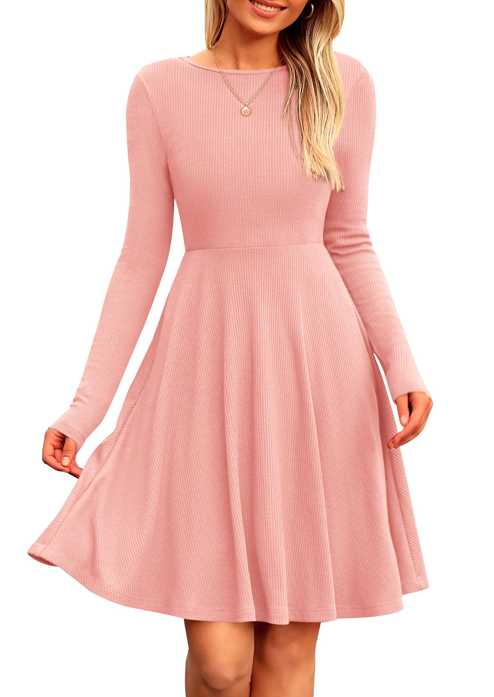 Women's Fall Casual Long Sleeve Short Dress (Pink,S)
