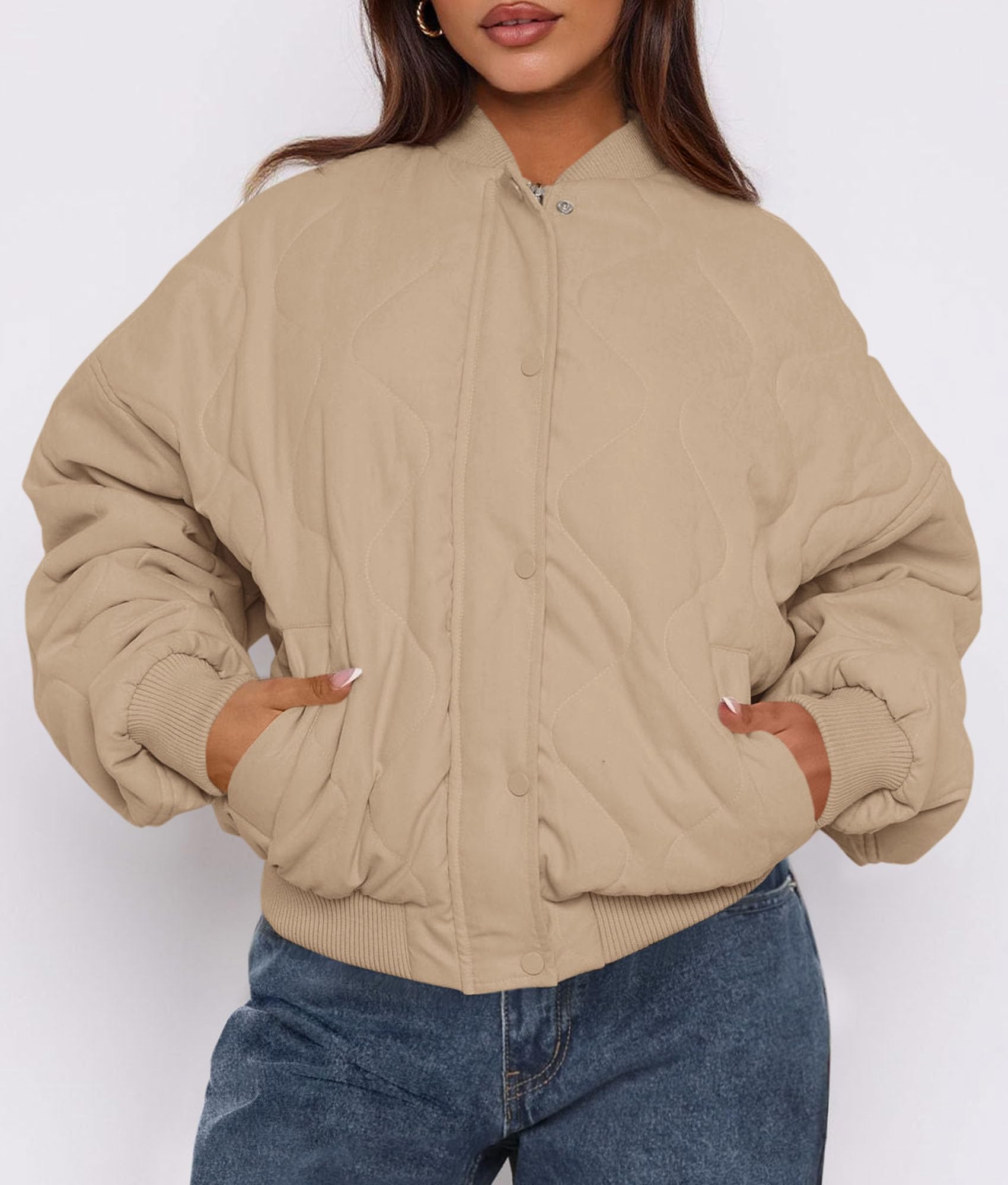 Women's Quilted Bomber Jacket Fall Fashion 2026 Lightweight Cropped Zip up Outerwear Winter Puffer Coats Pockets (Khaki,Small)