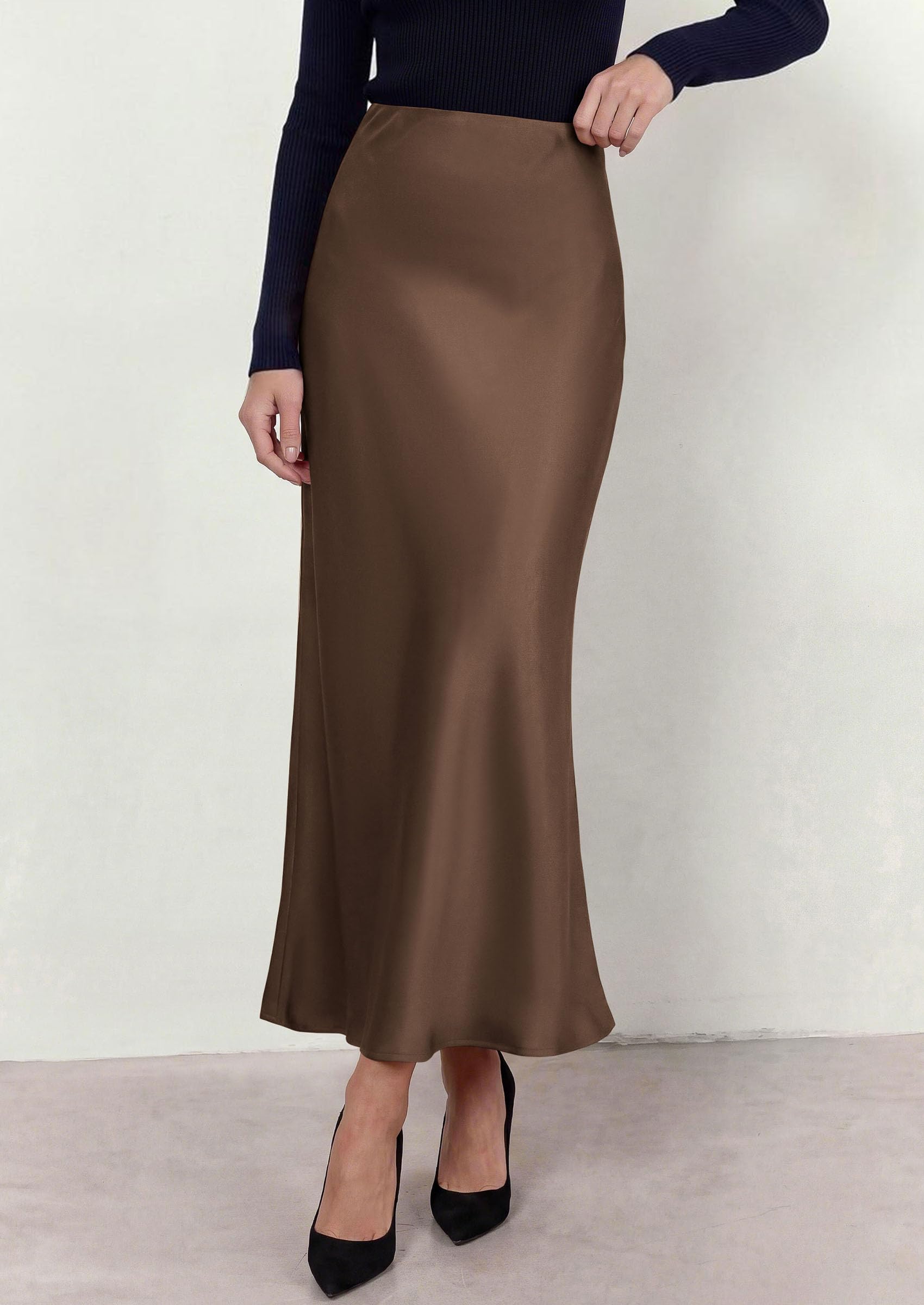 Women's Silk Satin Maxi Skirts Fall Clothes (Brown,L)
