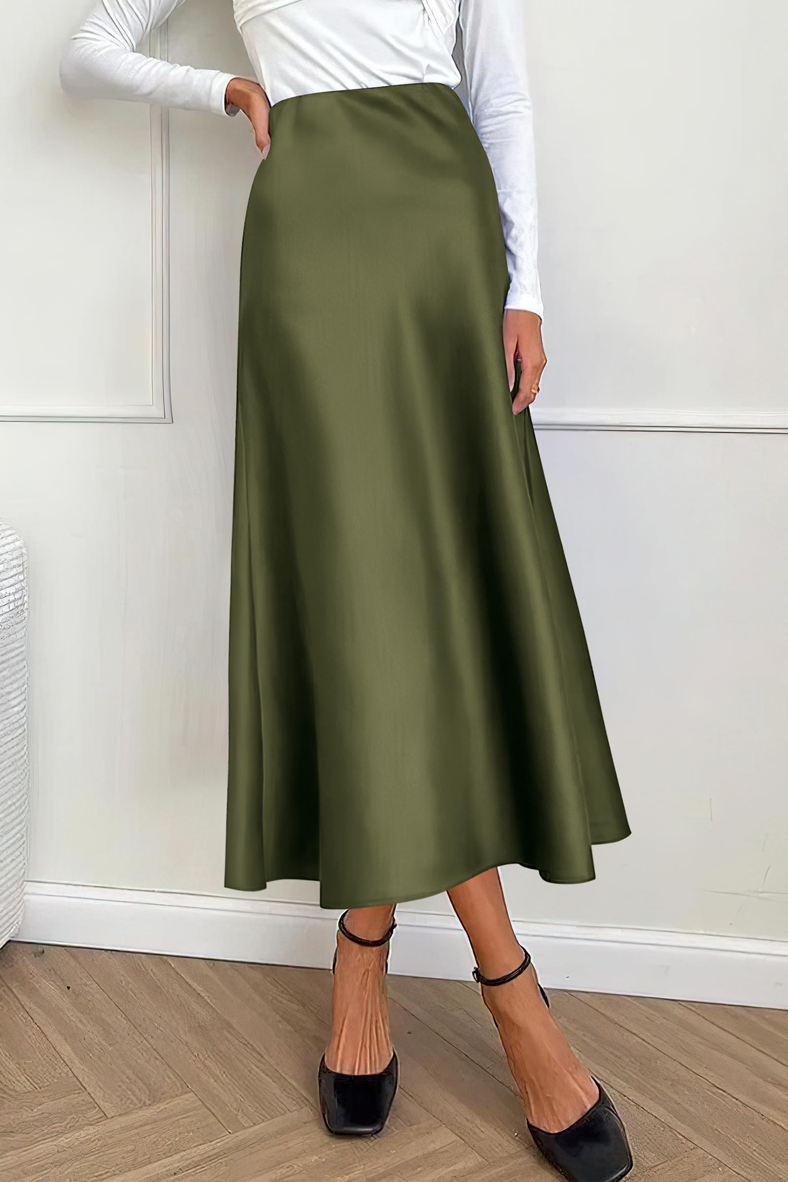 Women's Satin Midi Skirts Dressy Casual,Light Army Green,S