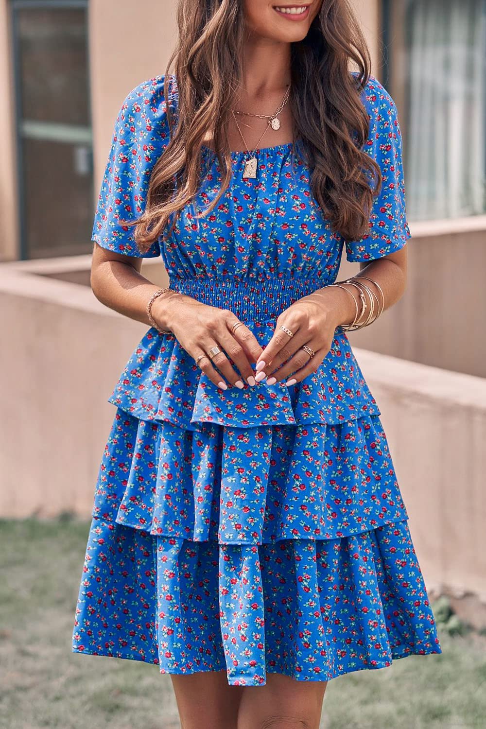 Women's 2025 Floral Summer Short Dress Square Neck Short Sleeve Tiered Ruffle Boho Swing Dresses (Blue,Small)