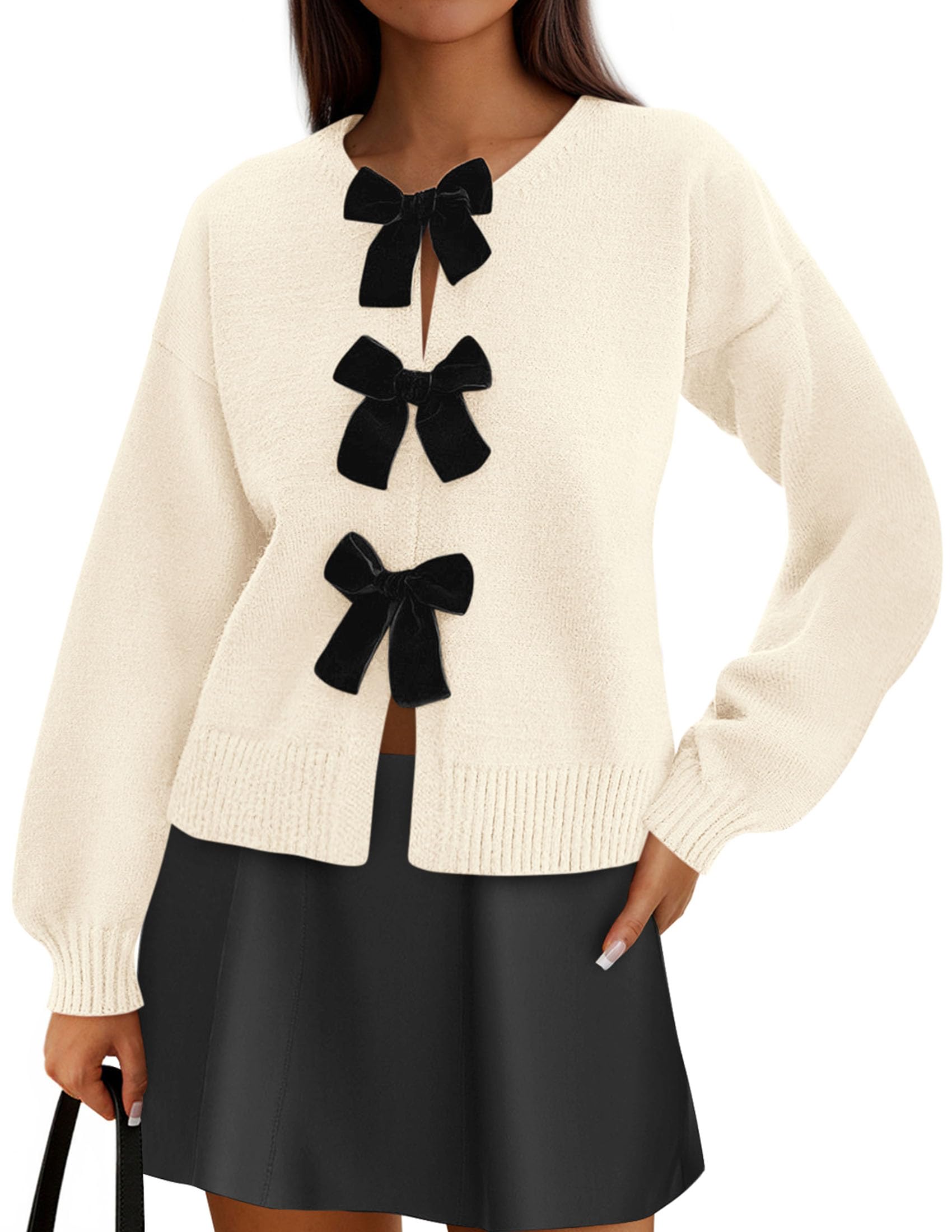Women's Fall Bow Tie Front Cardigan Sweaters,Beige,S