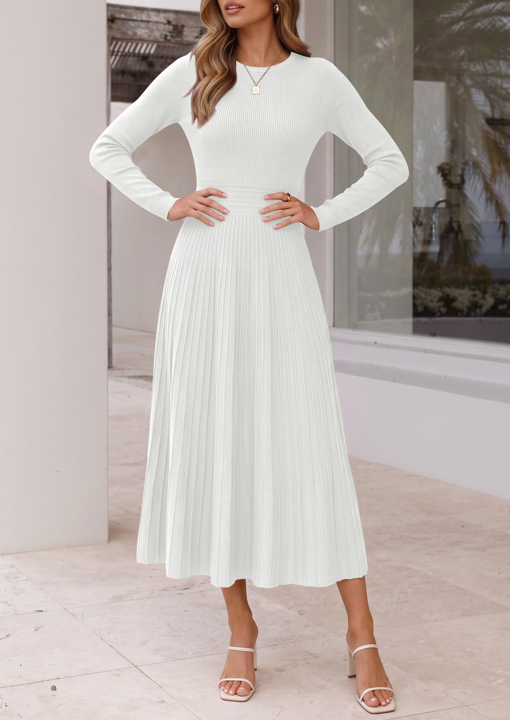 Women's Long Sleeve Knit Maxi Sweater Dress,White,S
