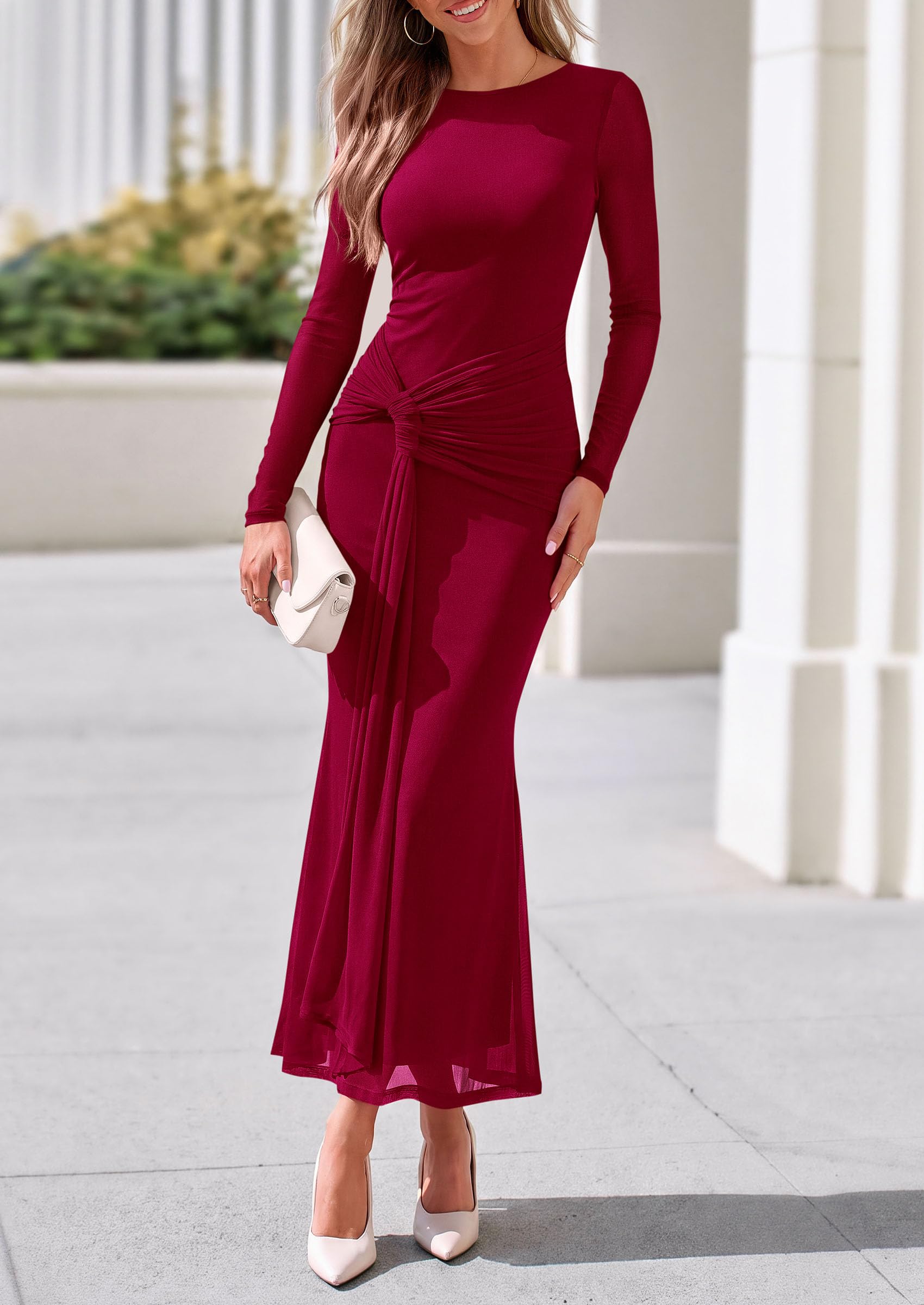 Womens Fall Long Sleeve Bodycon Tie Waist Mesh Maxi Dresses