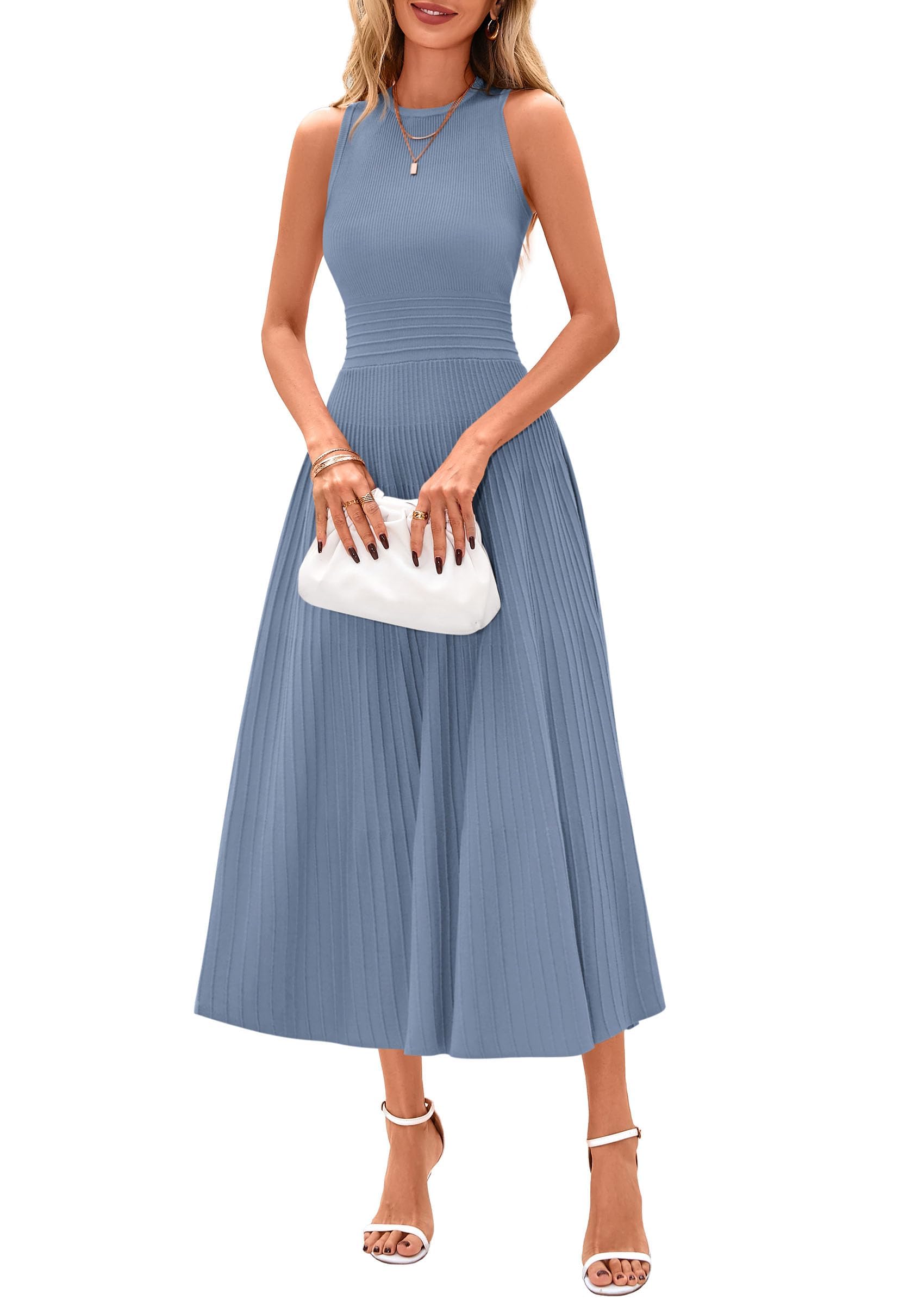 Women's Summer Pleated Midi Work Dress,Blue Grey,S