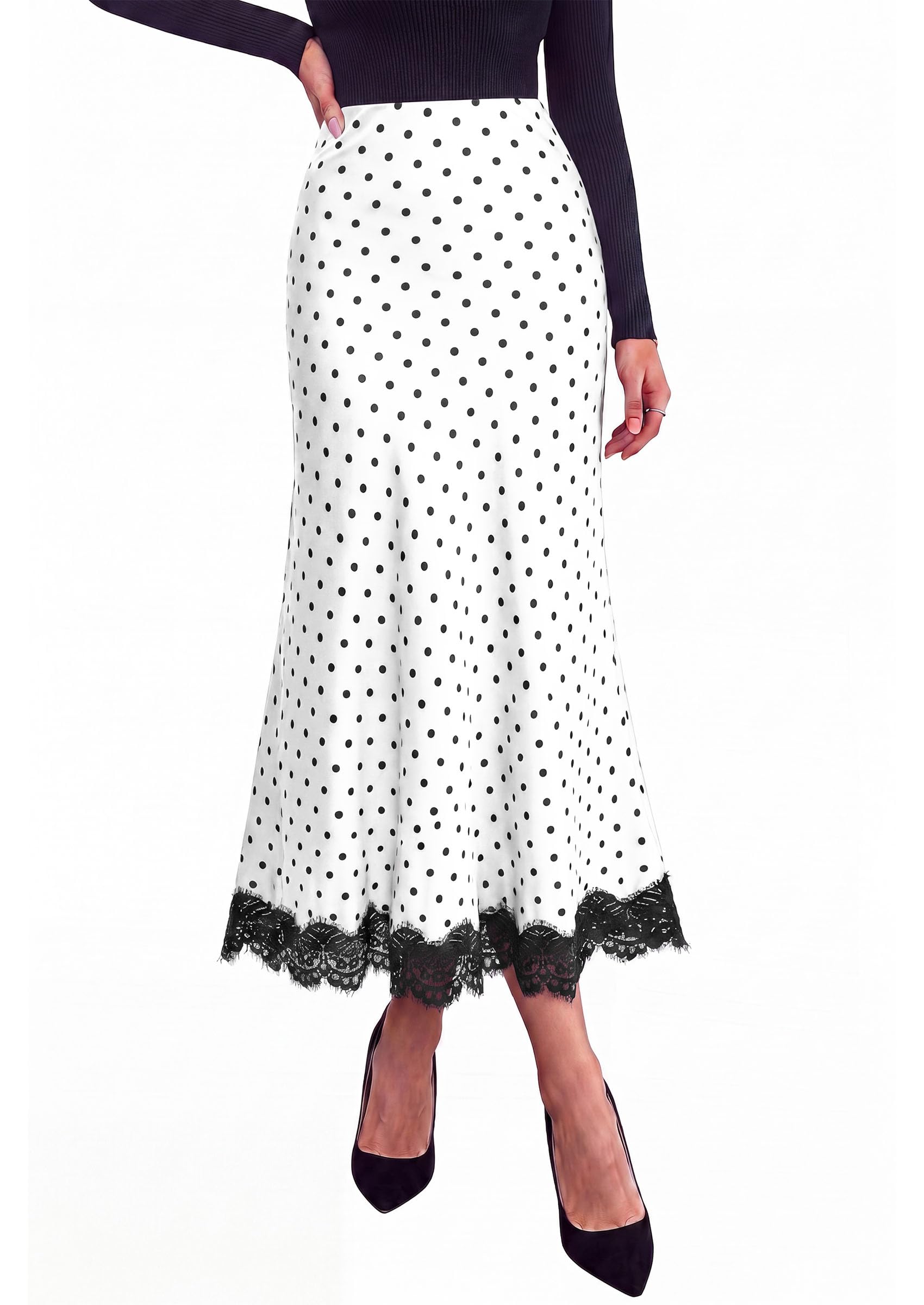 Women's Polka Dot Satin Skirt Fall Flowy Midi Leopard Skirts