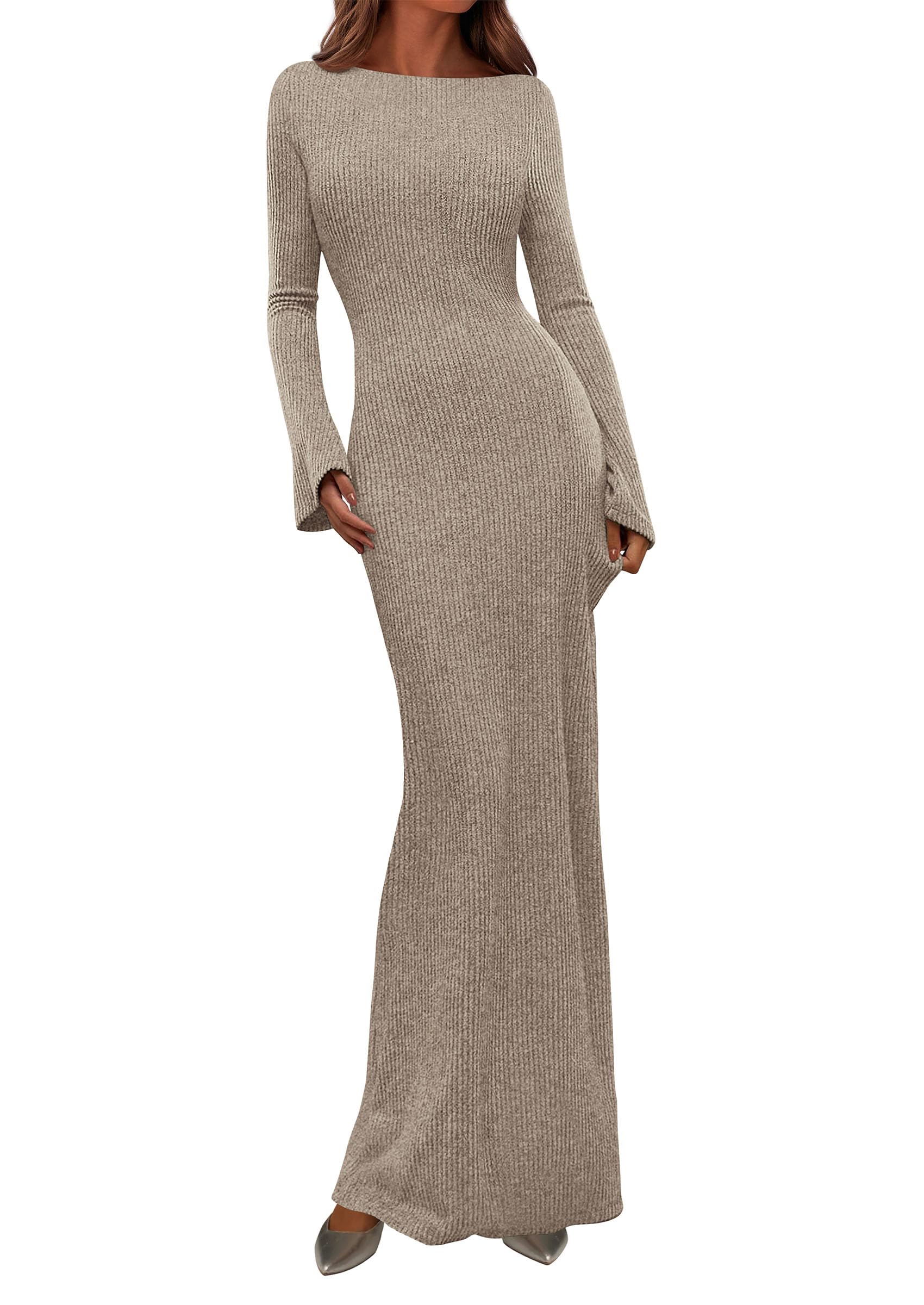 Women's Fall Long Sleeve Bodycon Maxi Dresses (Apricot,XS)