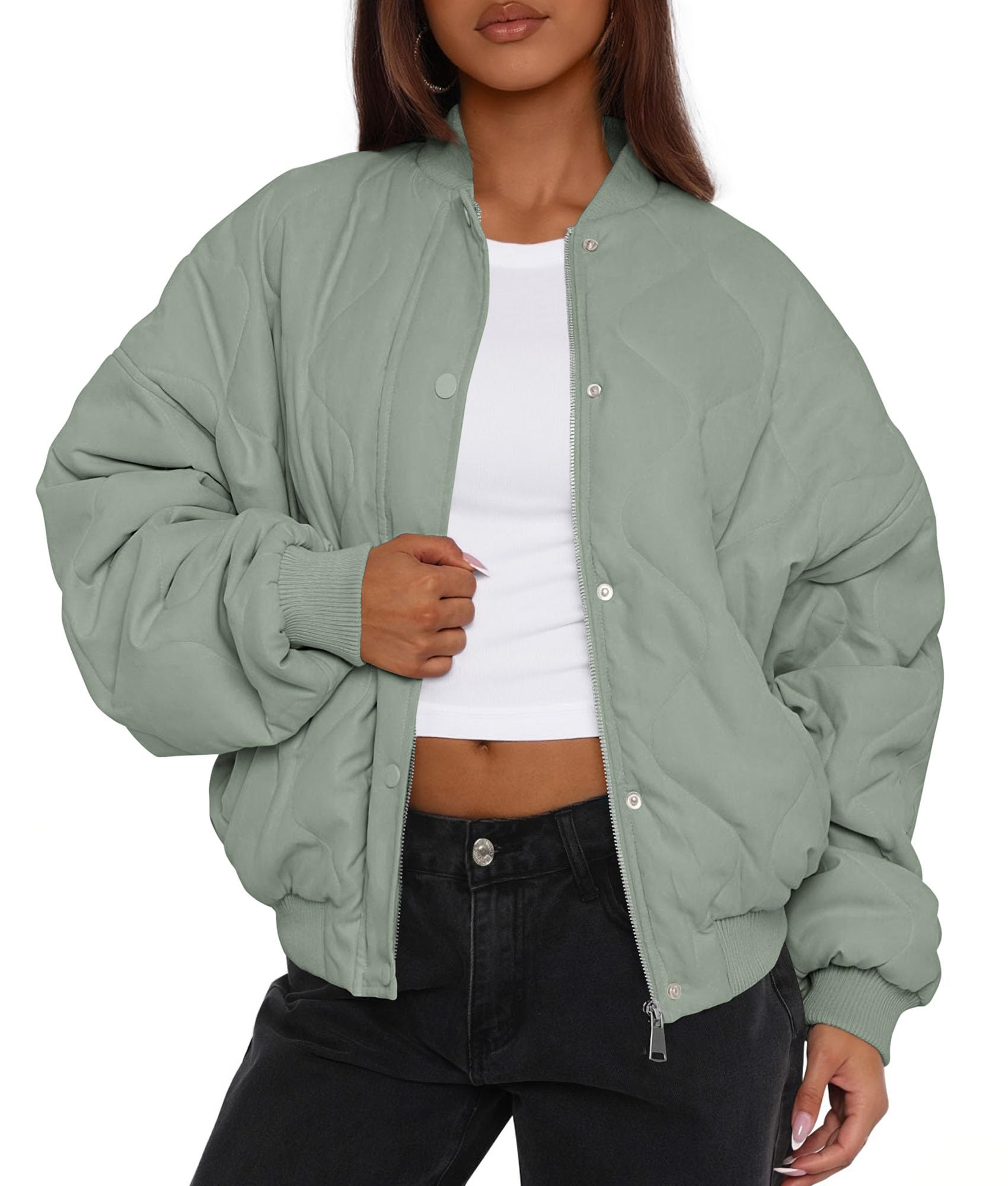 Women's Quilted Bomber Jacket Fall Fashion 2026 Lightweight Cropped Zip up Outerwear Winter Puffer Coats Pockets (Sage Green,Small)