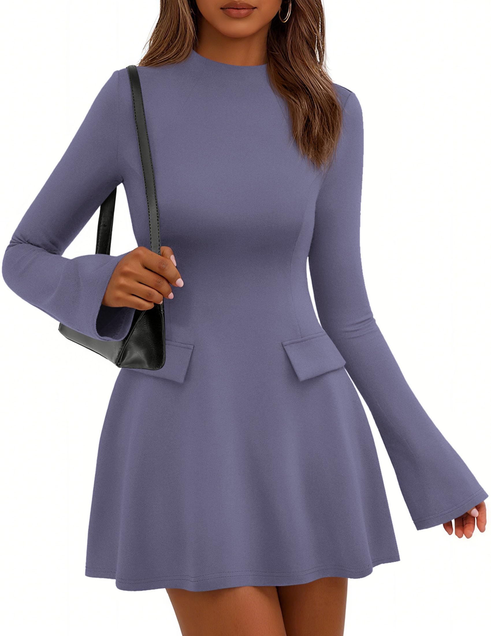 Women's Fall Bell Sleeve Short Dress,Grey Blue,XS
