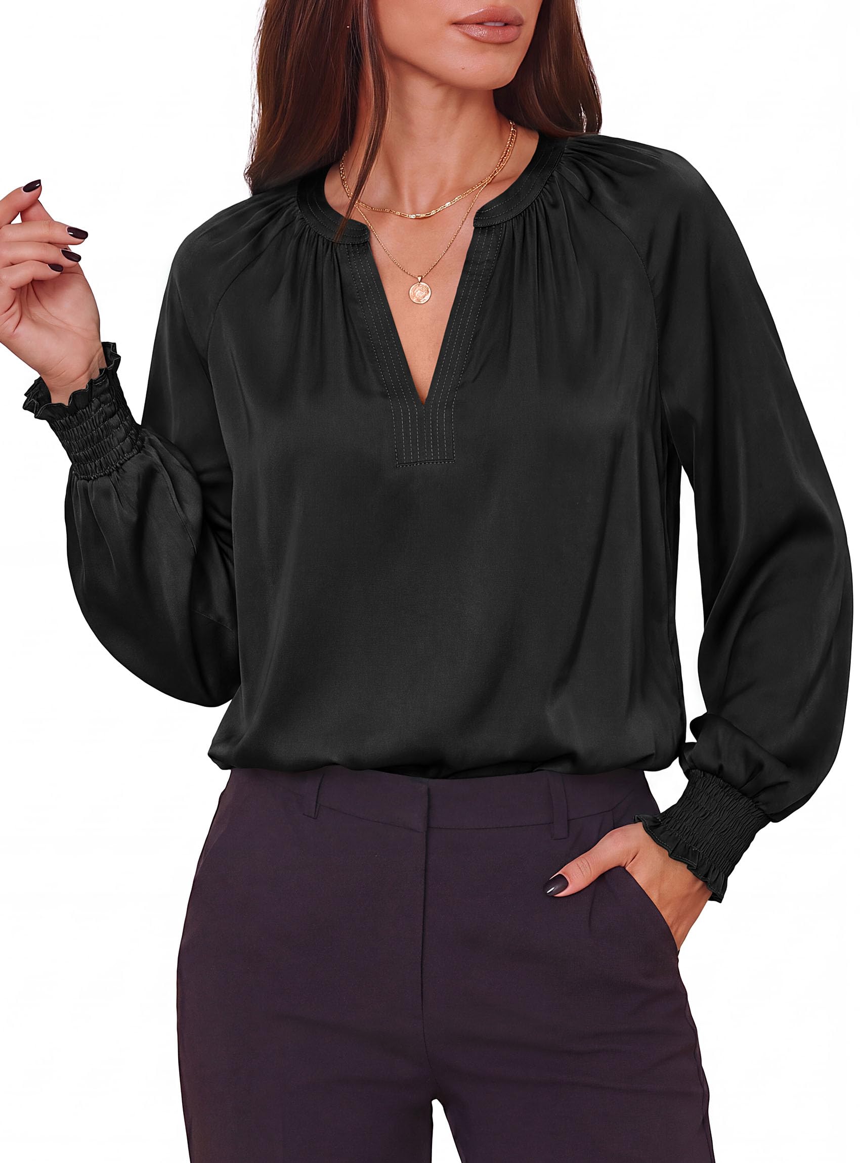 Women's Satin Blouses V Neck Long Sleeve Tops,Black,S