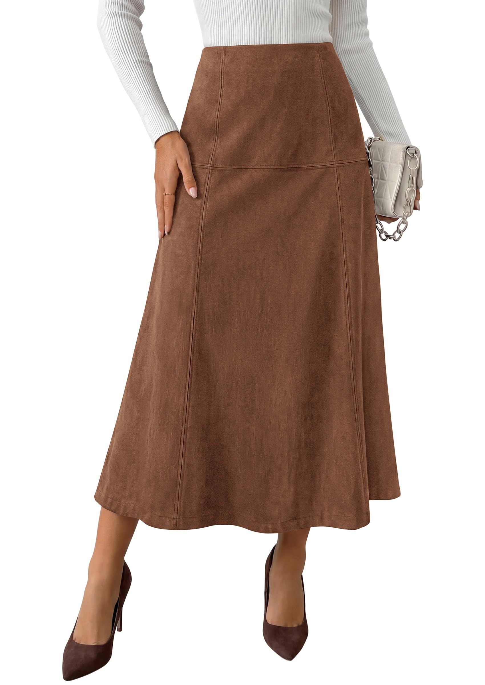 Womens High Waist Faux Suede A Line Midi Skirt,Brown,S